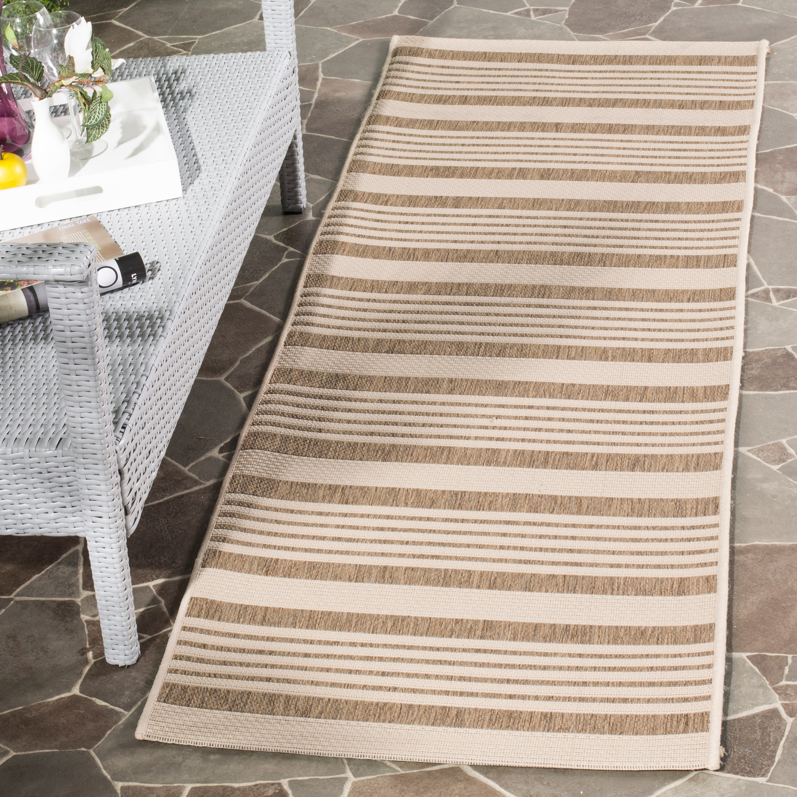 Safavieh CY6062-242-27 Courtyard Dobby 2 x 7 (ft) Loomed Polypropylene Brown/Bone Rectangular Indoor/Outdoor Stripe Coastal Runner rug