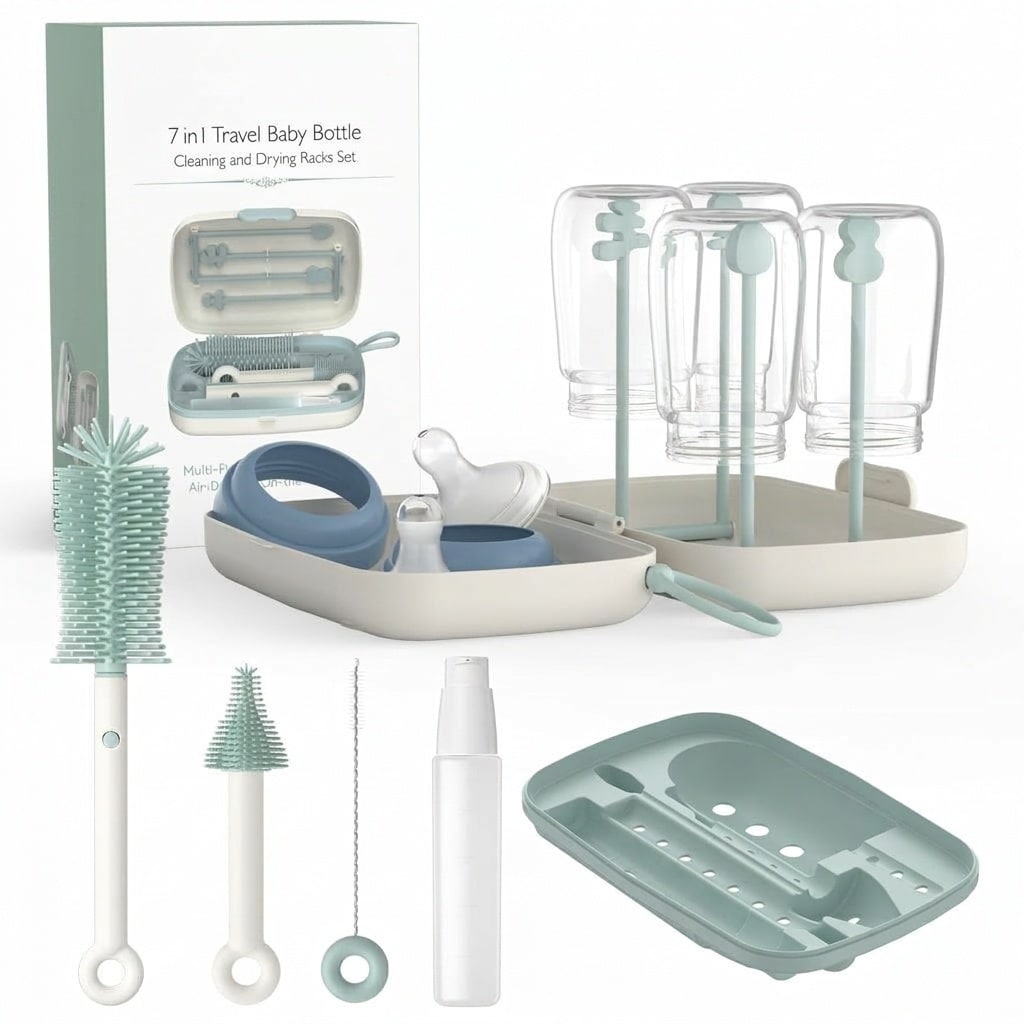 Phyfalip  7 in 1 Baby Bottle Brush Set with Silicone Cleaner Nipple Brush Straw Brush Soap Dispenser Drying Rack Storage Box for Home Travel Green