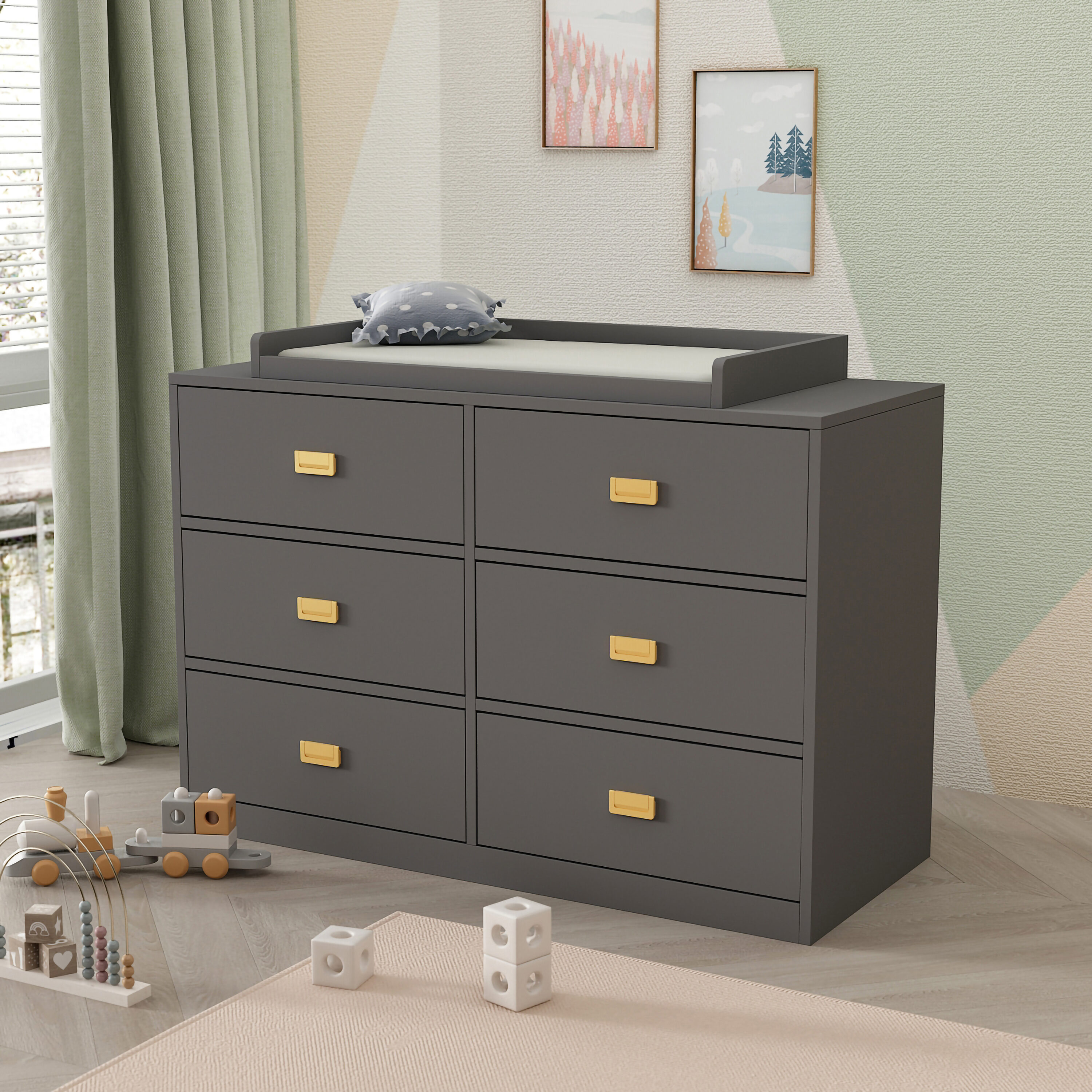 FUFU&GAGA 5 Drawers Gray Wooden Chest of Drawers Dresser With 4