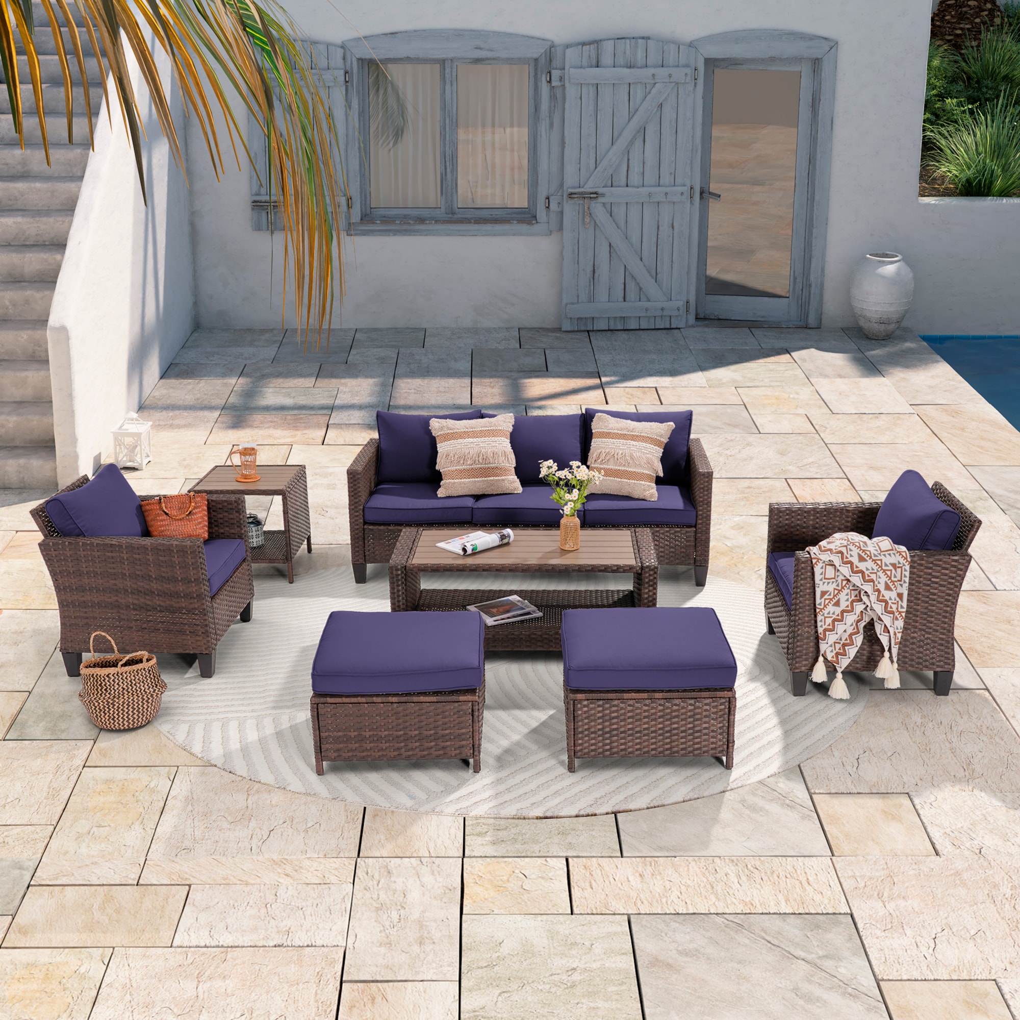 ACEGOSES LW-115BNY-S1T3 7 -Piece Wicker Patio Sofa Conversation Set with Blue Cushions