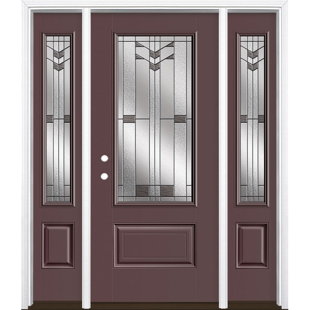 Masonite 3420388 Frontier 64-in x 80-in x 4-9/16-in Fiberglass 3/4 lite Right-hand inswing Currant Painted Prehung Front Door with Sidelights with Brickmould Insulating core