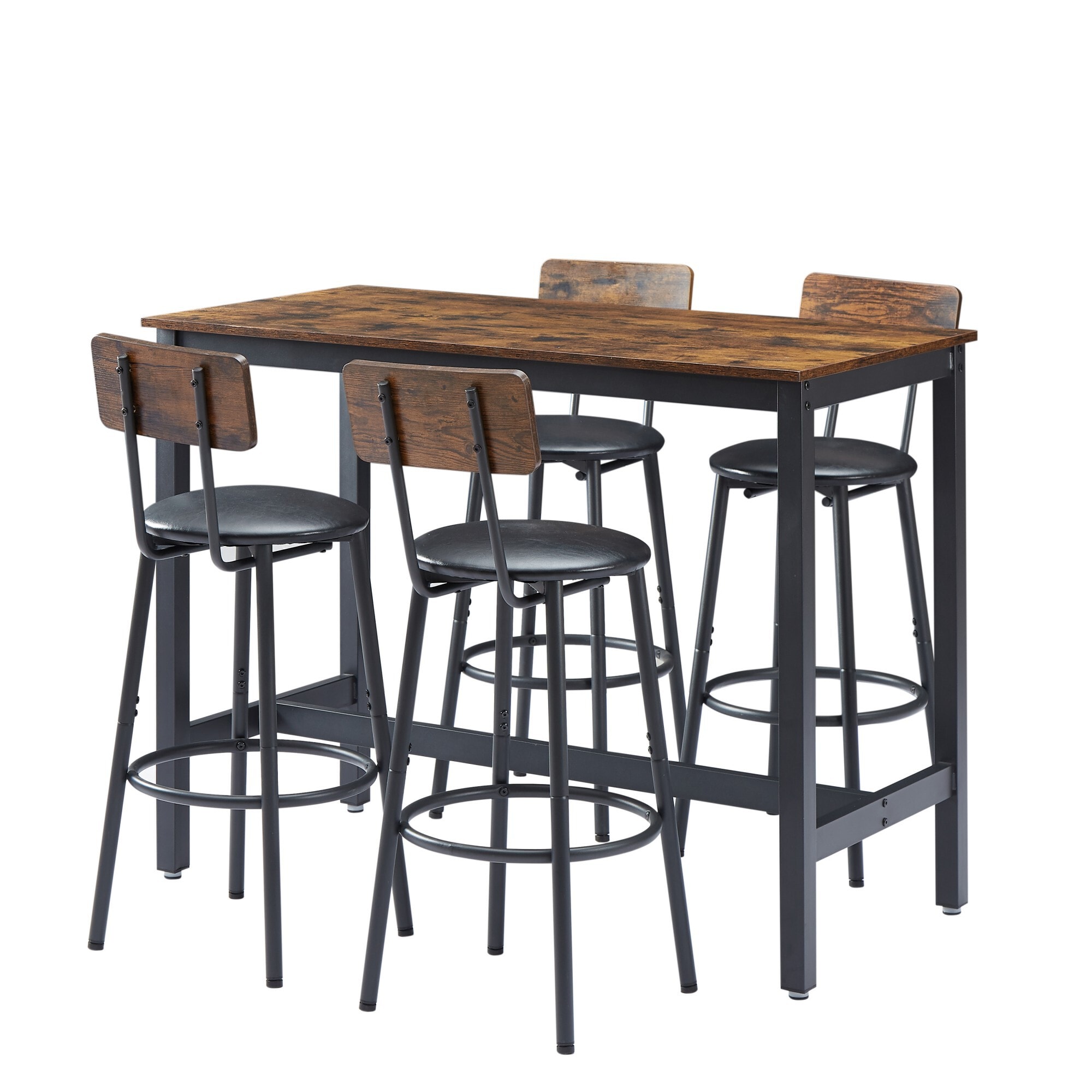 Miki Shinly JHX-2875-10QI Rustic Table 4 Stools Rustic Brown Rustic Counter Table, Wood with Black Iron 23.6-in L x 35.4-in H