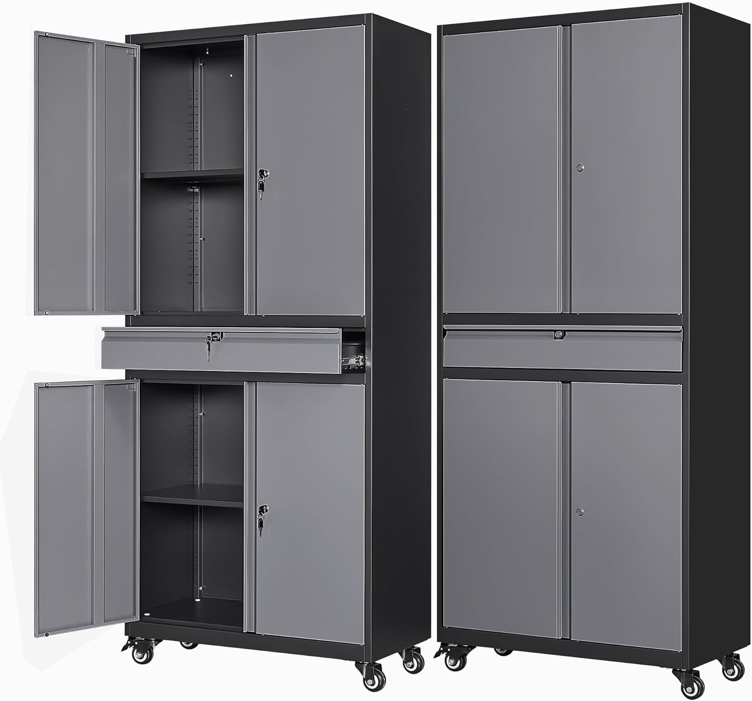 Letaya  Metal Garage Storage Cabinet with Wheels Rolling Tool Cabinet with 4 Door Lock-Adjustable Shelves and 1 Drawer for Garage Home Office Utility Room Black Grey-Wheels