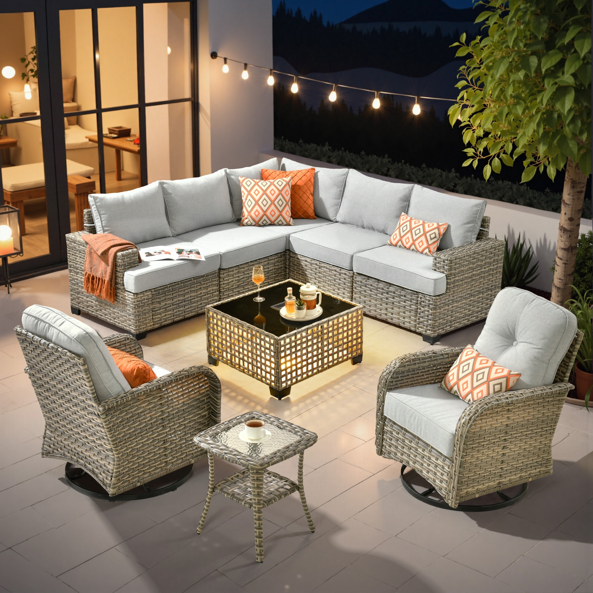 Ovios TS409TYV 9 -Piece Wicker Patio Conversation Set with Light Gray Cushions