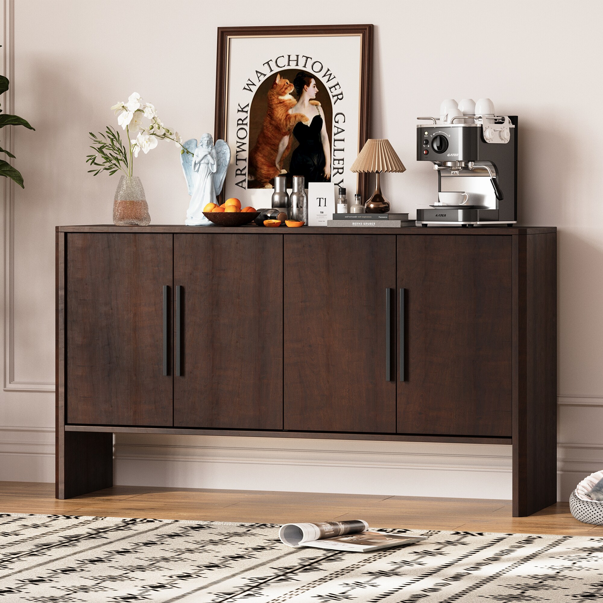 ModernLuxe N715P190423P Sideboard Buffet Cabinet with Storage Retro Sideboard Cabinet with Adjustable Shelves and Long Handles 4Door Wood Sideboard for Kitchen Dining Room and Living Room Espresso
