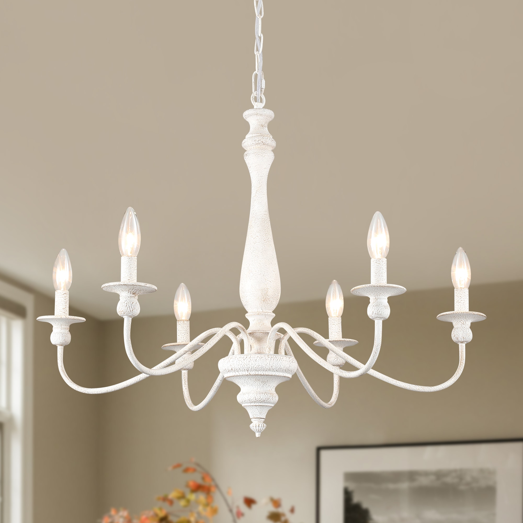 HLJYNJM 6-Light Distressed White Farmhouse Candle Chandelier Traditional Hanging Light for Dining Room Bedroom