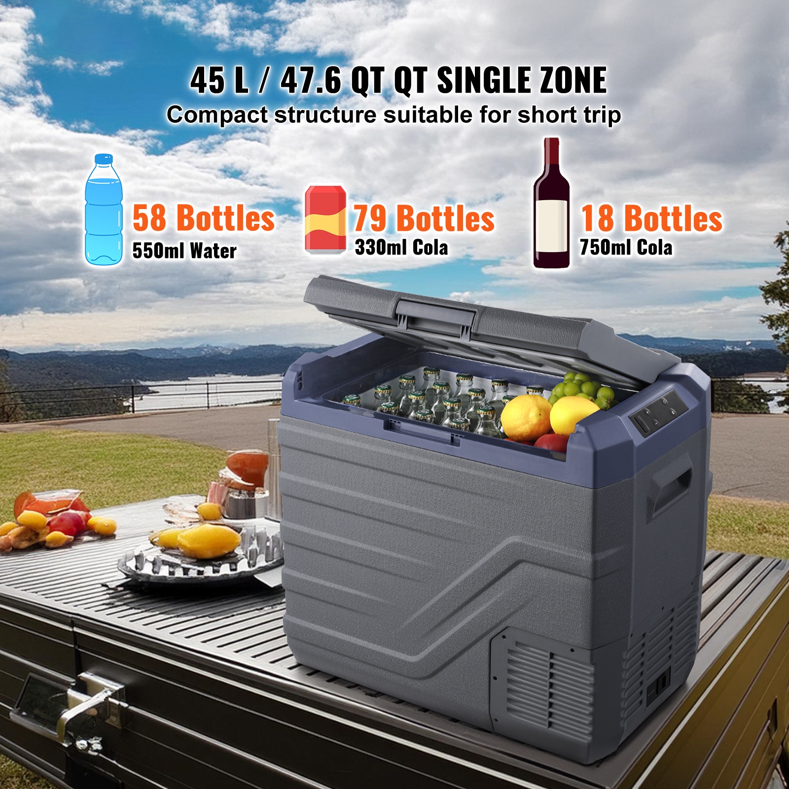 VEVOR 53 Qt Black and Silver Portable Car Refrigerator with App Control