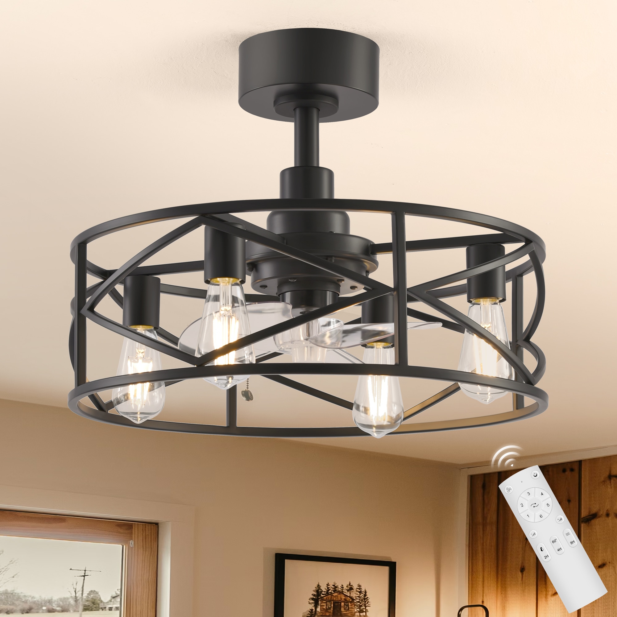 Breezary 24023-BW 20-in Black with Clear Blades Cage Ceiling Fan With Light - Remote Included ( 3 -Blade )