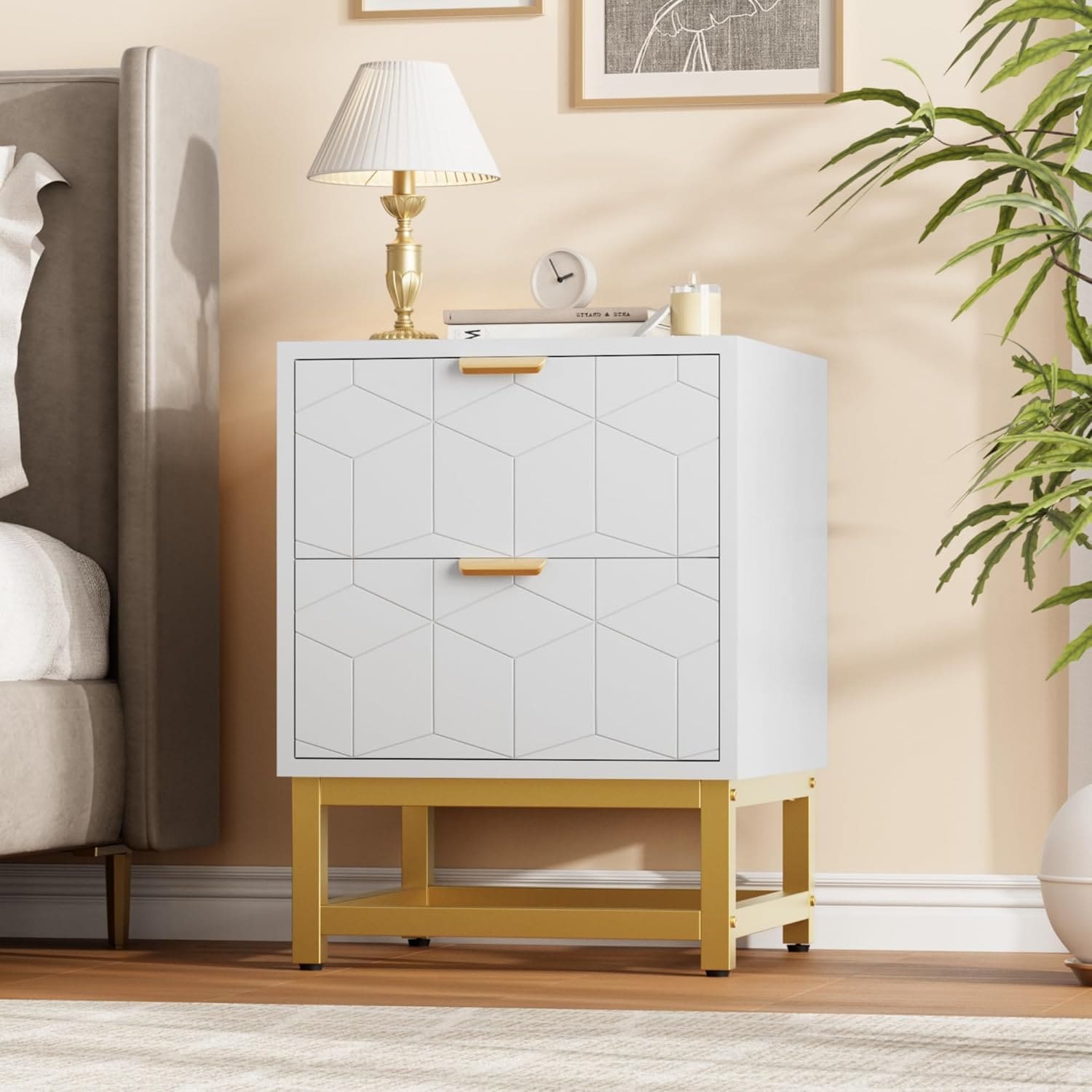 Qeetex YJCJ-PHO-343KDLCS 2 Drawer Dresser  Modern Small Nightstand with Gold Handles  Wood Storage Cabinet for Bedroom  Nursery  Entryway  White