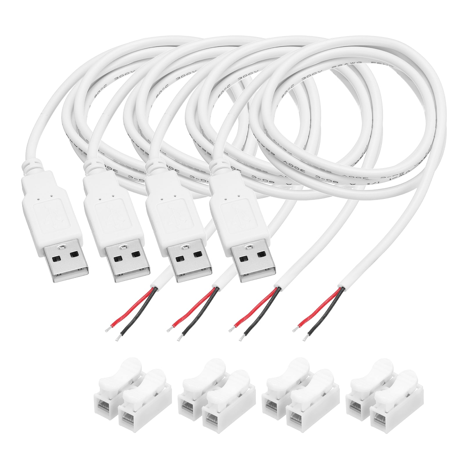 Unique Bargains 4pcs USB Plug Pigtail 1M/3.2FT Male Short Power Cable 22AWG 5V 3A USB-C Plug with 2-Position Wire Connector for USB Type A Equipment Installed or Replacement Repair DIY White