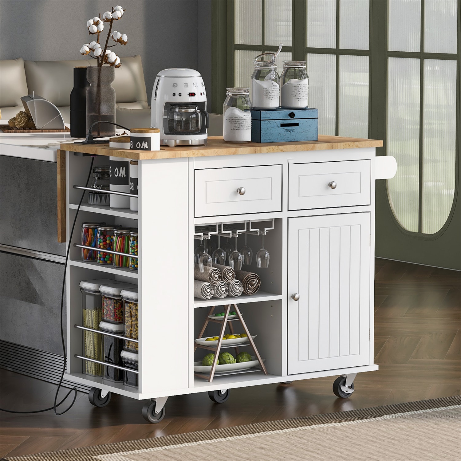 Baboom White Mdf Base With Wood Top Rolling Kitchen Island (29.3-in X 