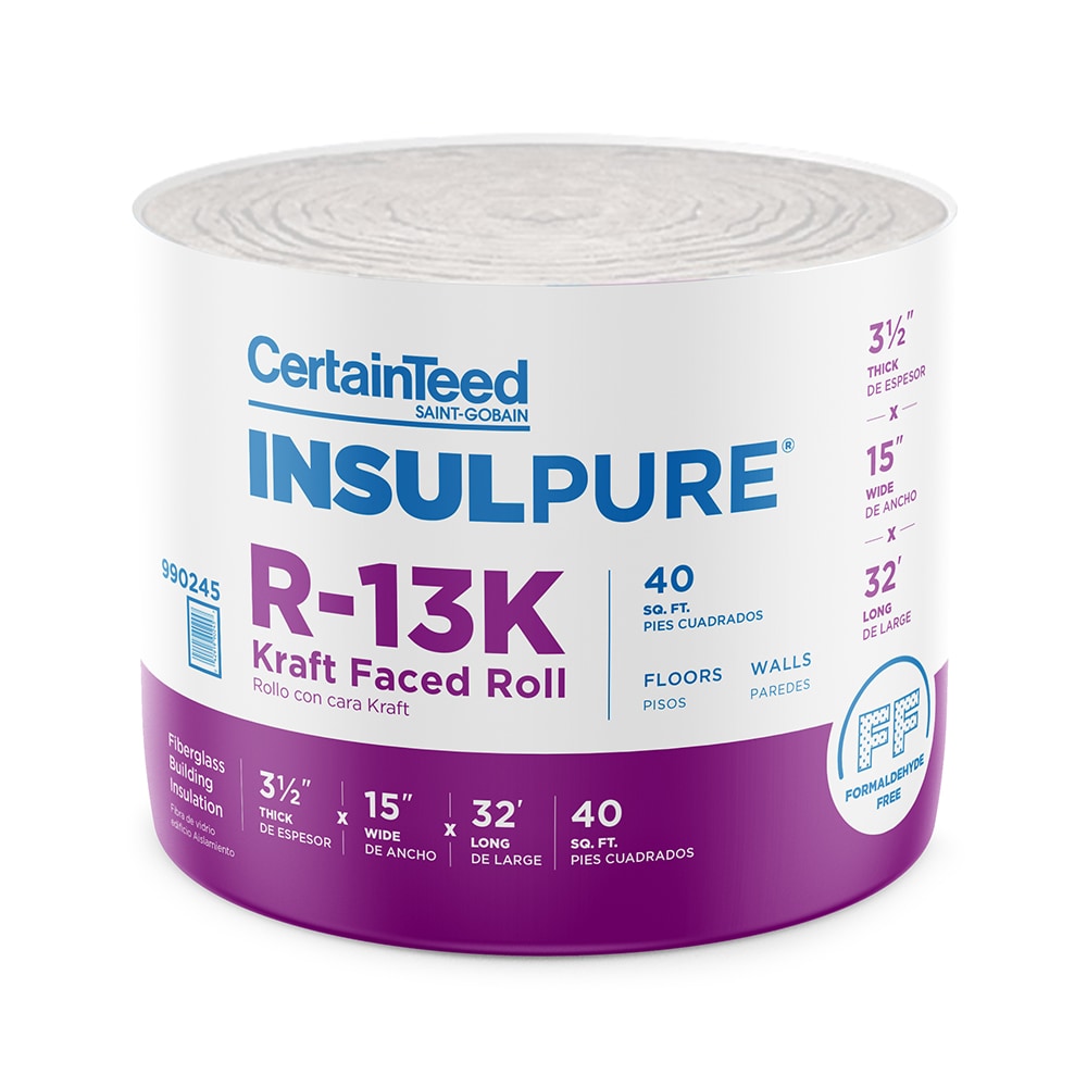 CertainTeed InsulPure R-13 Wall Kraft Faced Fiberglass Roll Insulation  40-sq ft (15-in W x 32-ft L) Multi-pack in the Roll Insulation department  at