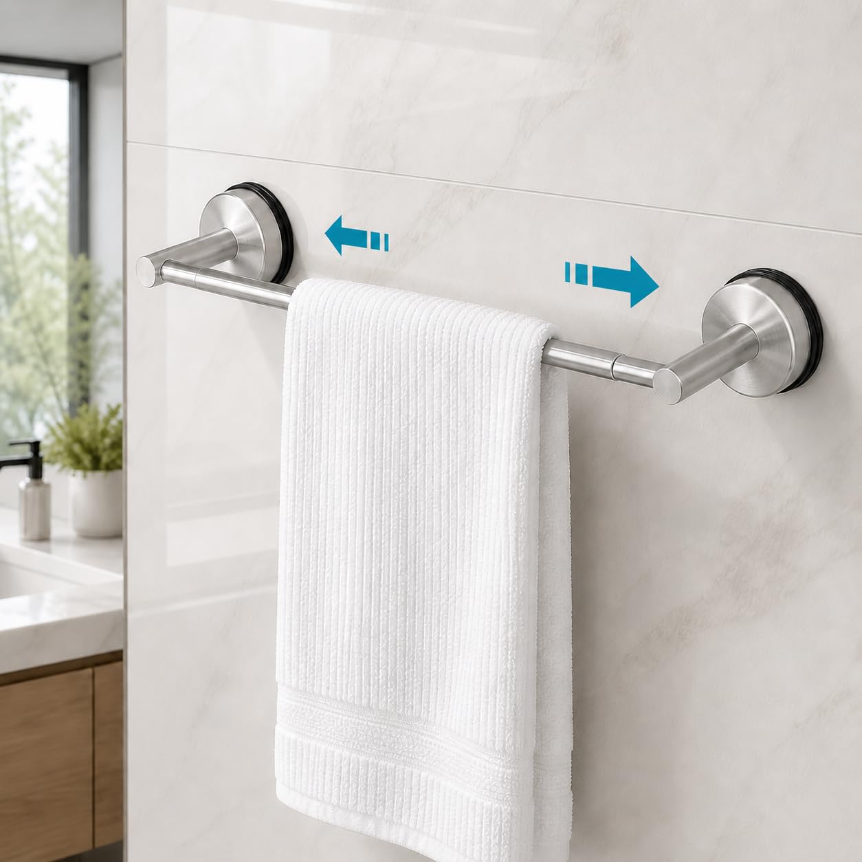 UUDULY  Adjustable Bathroom Towel Rack Brushed Nickel Stainless Steel No Drill Wall Mounted Holder for Kitchen Shower RV Smooth Tile Glass Metal