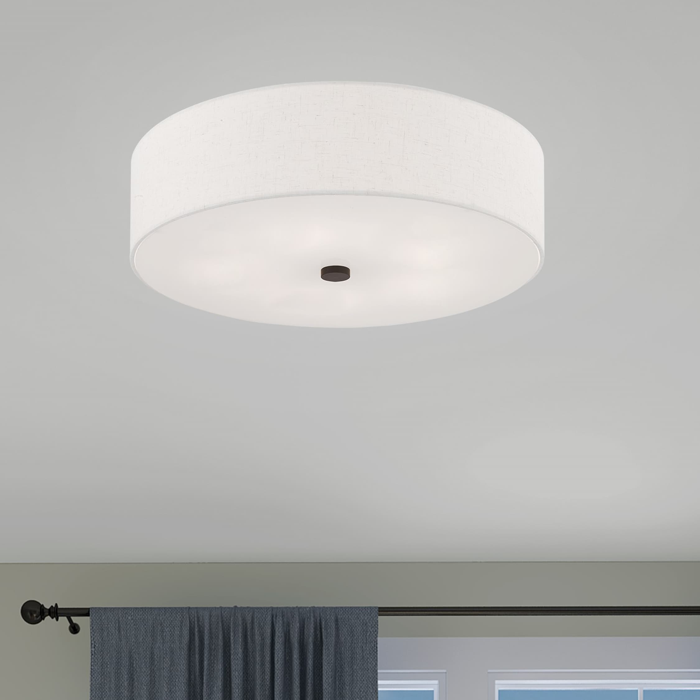 English Bronze 5-Light Semi-Flush Mount with Fabric Drum Shade