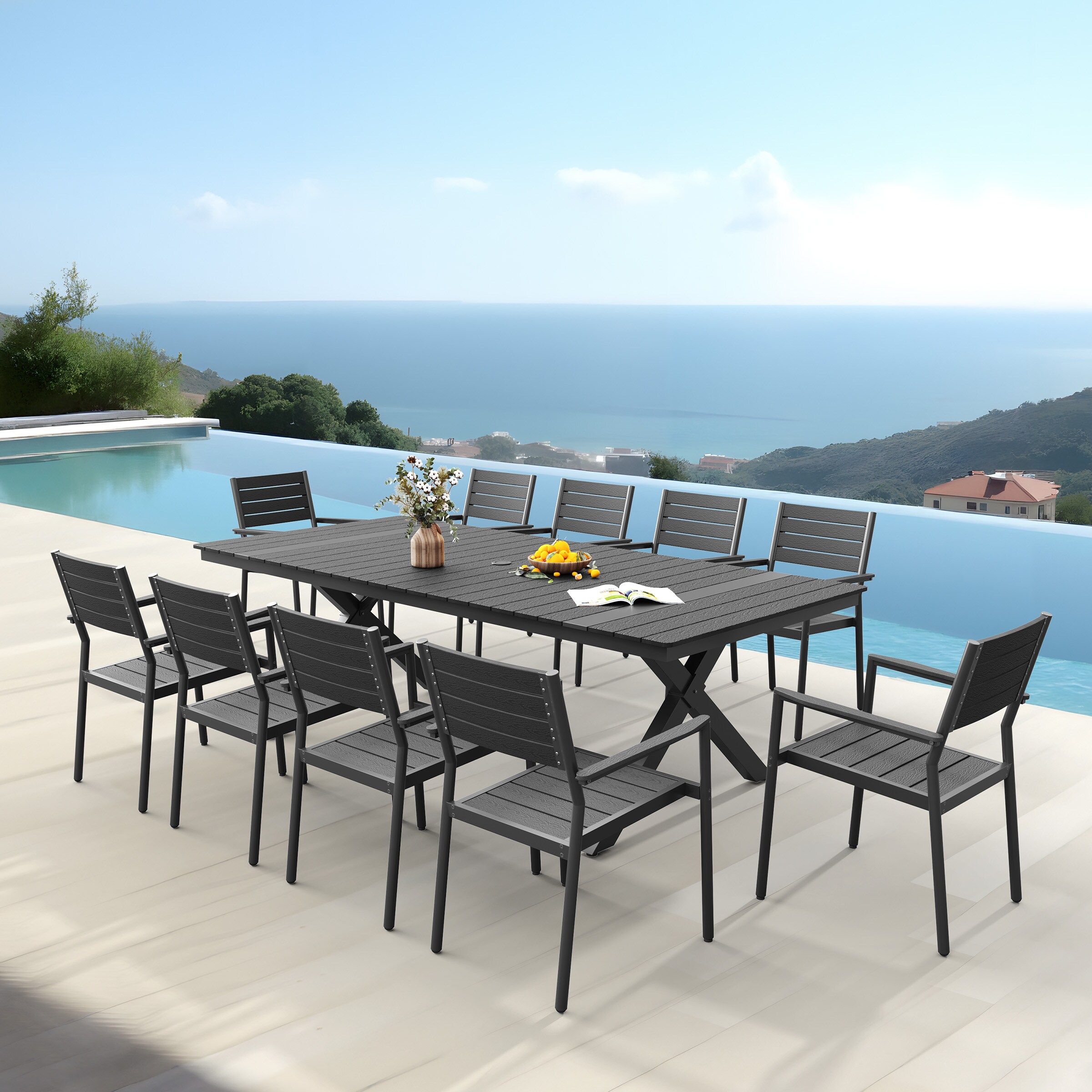 Crestlive Products CL-DC5020GRY-11 Outdoor Aluminum Rectangle Patio Dining Set with Stackable Chairs