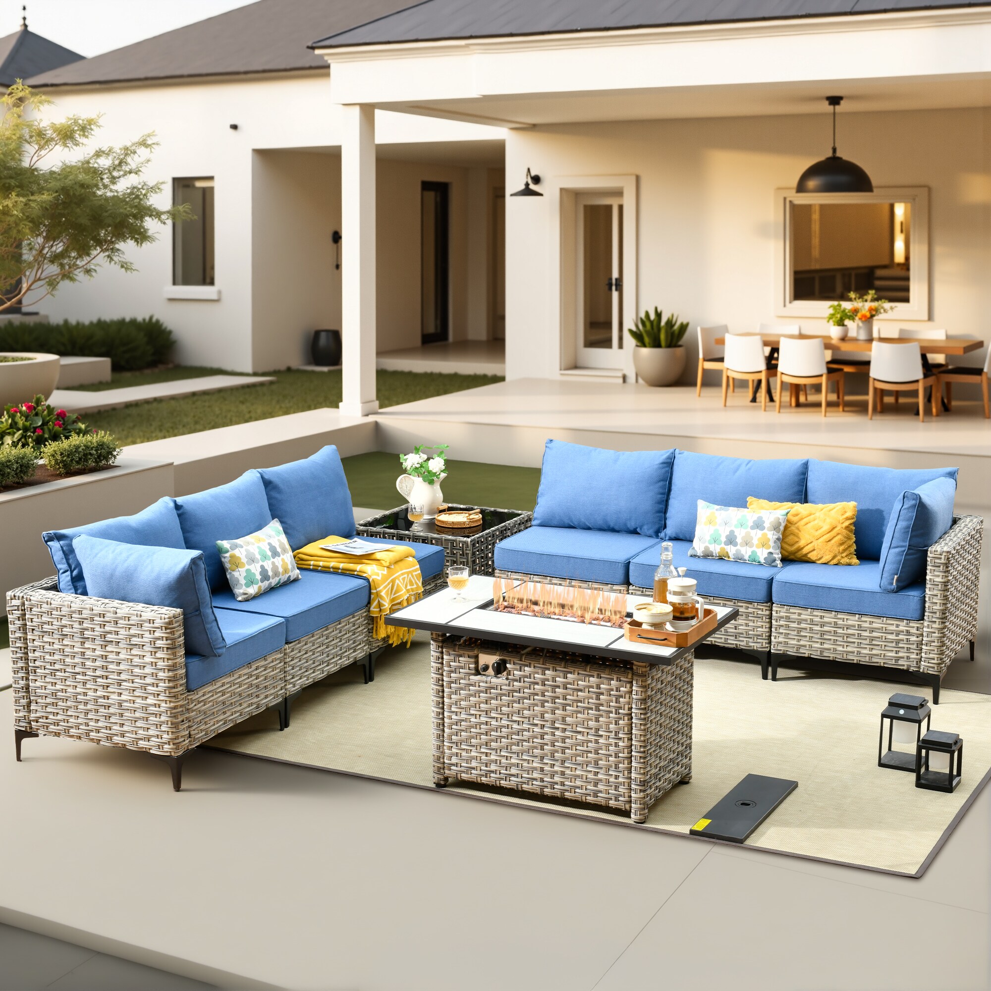 Pouuin RFPSKT508 Wicker Outdoor Sectional with Blue Cushions and Wicker Frame