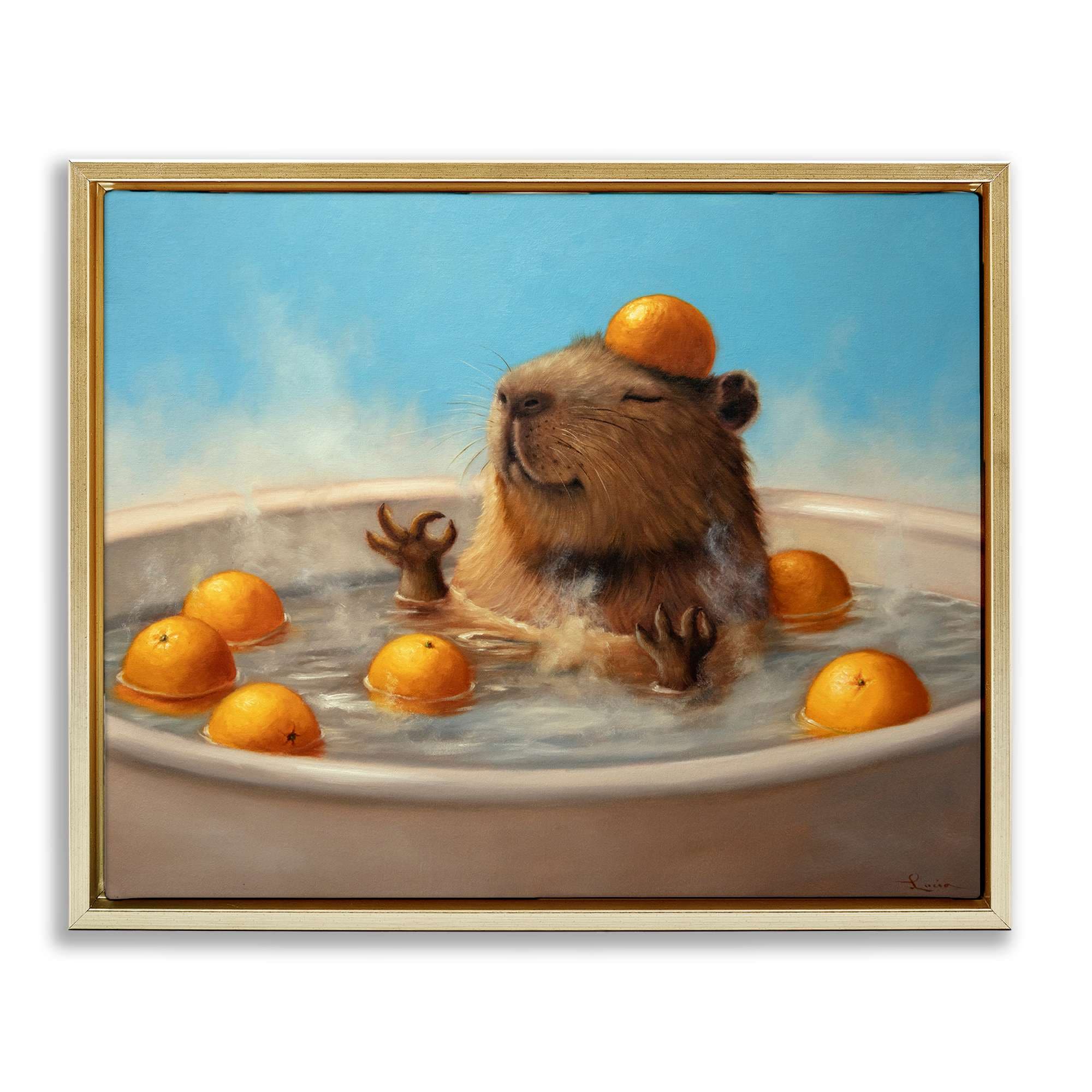 Stupell Industries BS-767-FFG-24X30 Capybara in Orange Bath Gold Framed Floater Canvas Wall Art By Lucia Heffernan 31 x 25