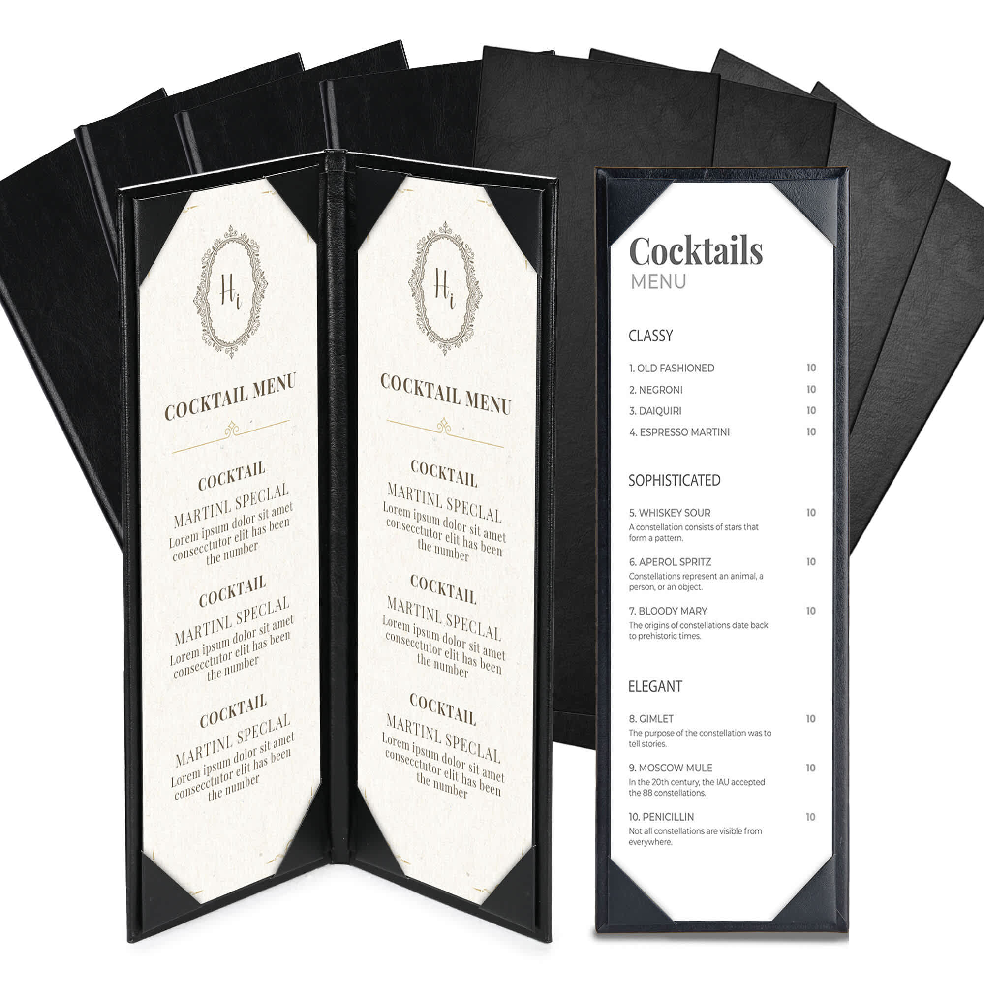Yescom WeChef 4.25x14IN Restaurant Menu Holders 5 Pack 1 View and 5 Pack 2 View kit PU Leather with Angled Corners for Wine List