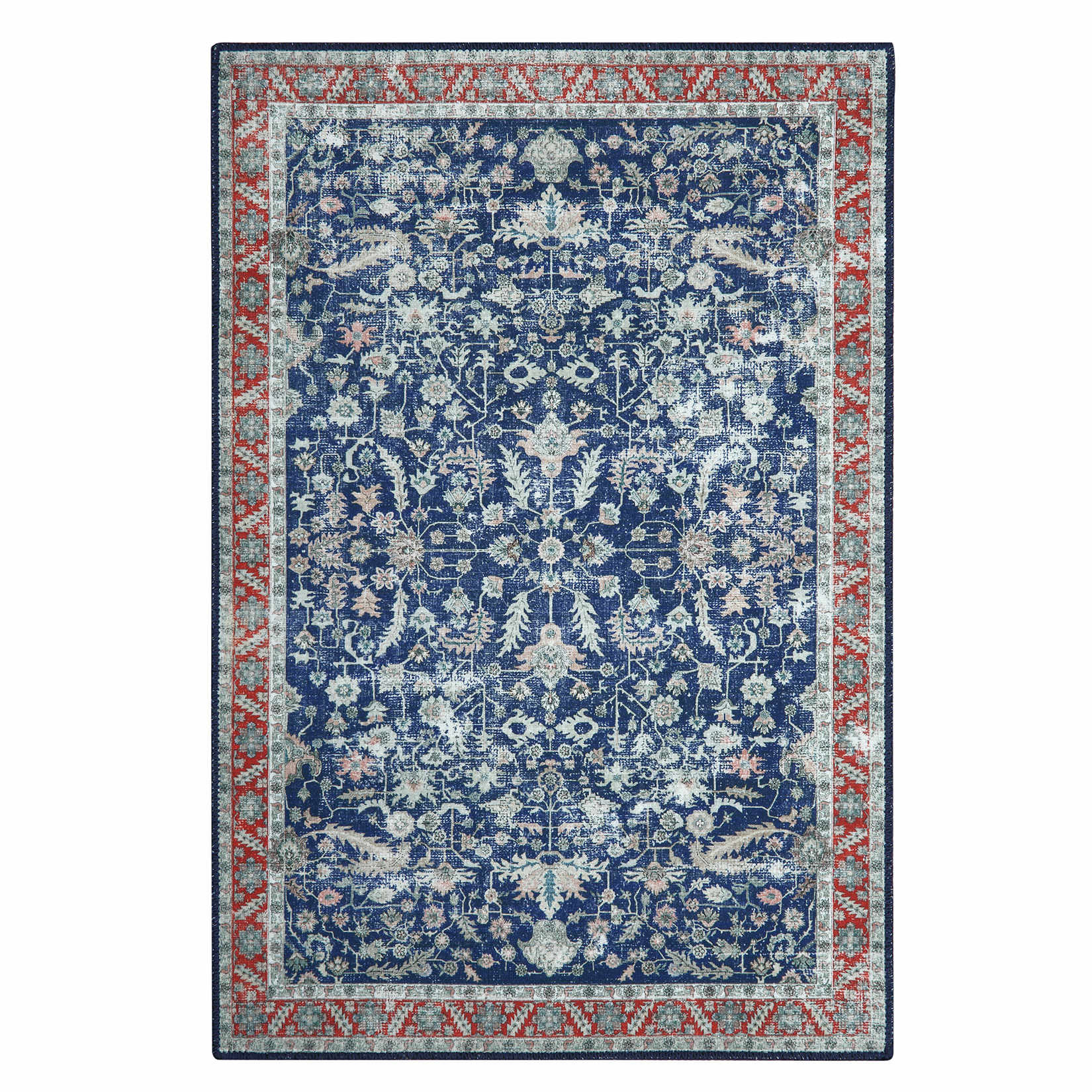 Qeetex LSN-PHO-0YG4UE2X 8 x 10 ft Polyester Blue Rectangular Hallway Bathroom Entryway Kitchen Office Foldable Flower Printed Persian Washable Area Rug