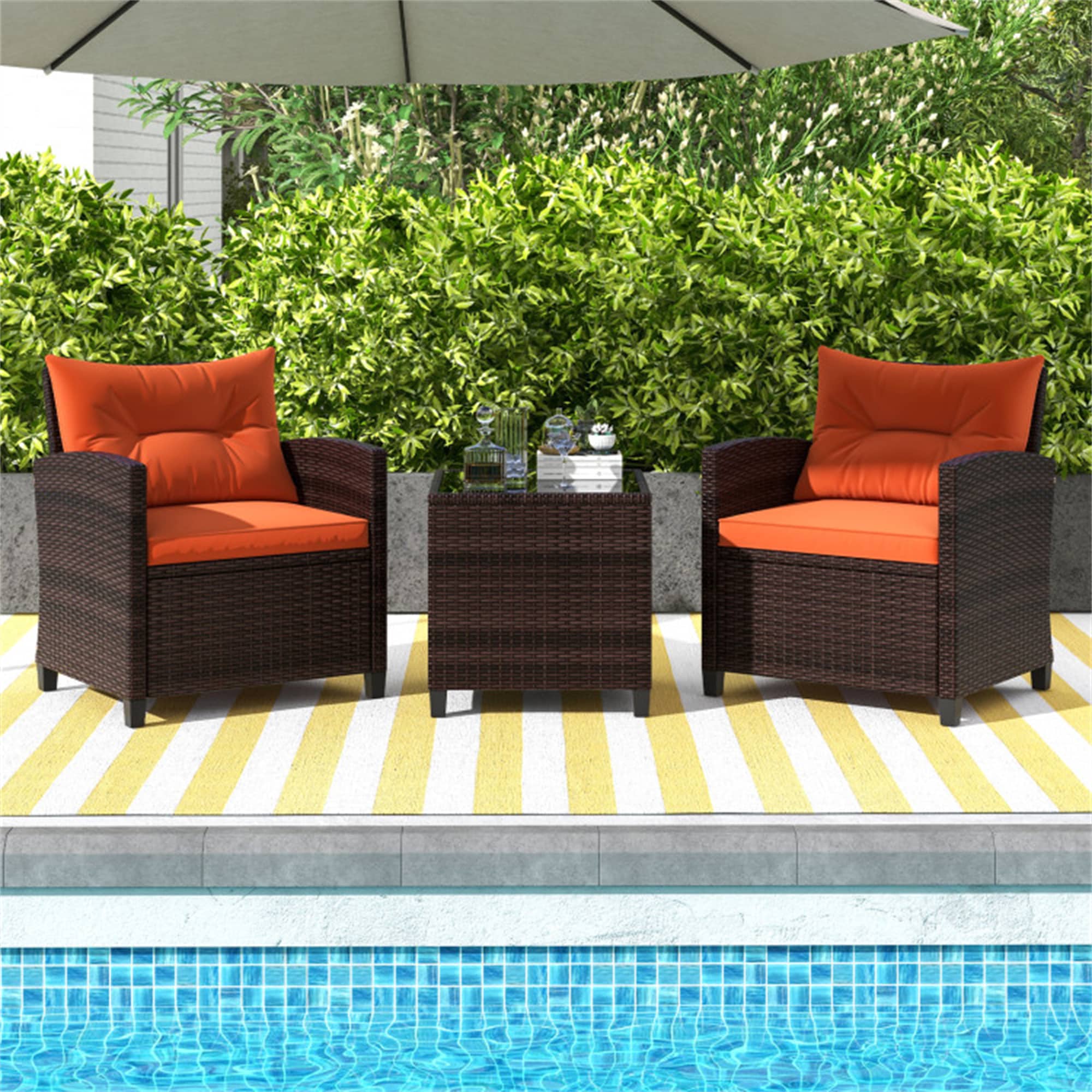 BABOOM BOM-68667OR-CO 3 -Piece Rattan Patio Conversation Set with Orange Cushions