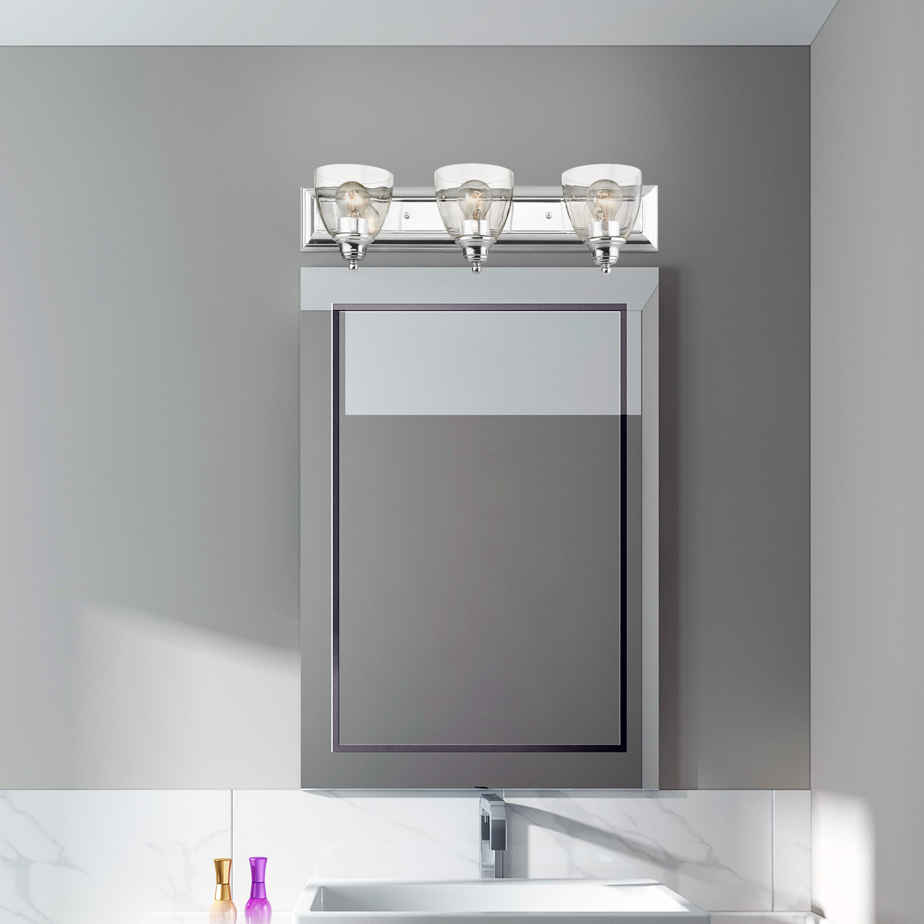 Elegant Polished Chrome 3-Light Vanity Sconce with Hand Blown Glass Shades