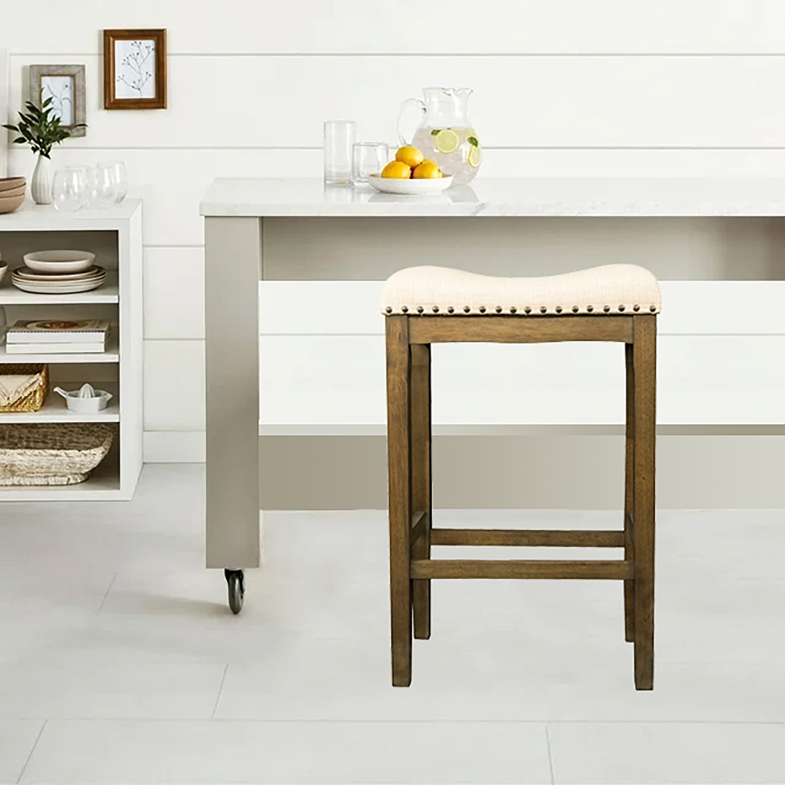 allen + roth BS-1015-BR Tan 29-in H Bar height (28-in to 33-in) Saddle Seat Upholstered Wood Bar Stool