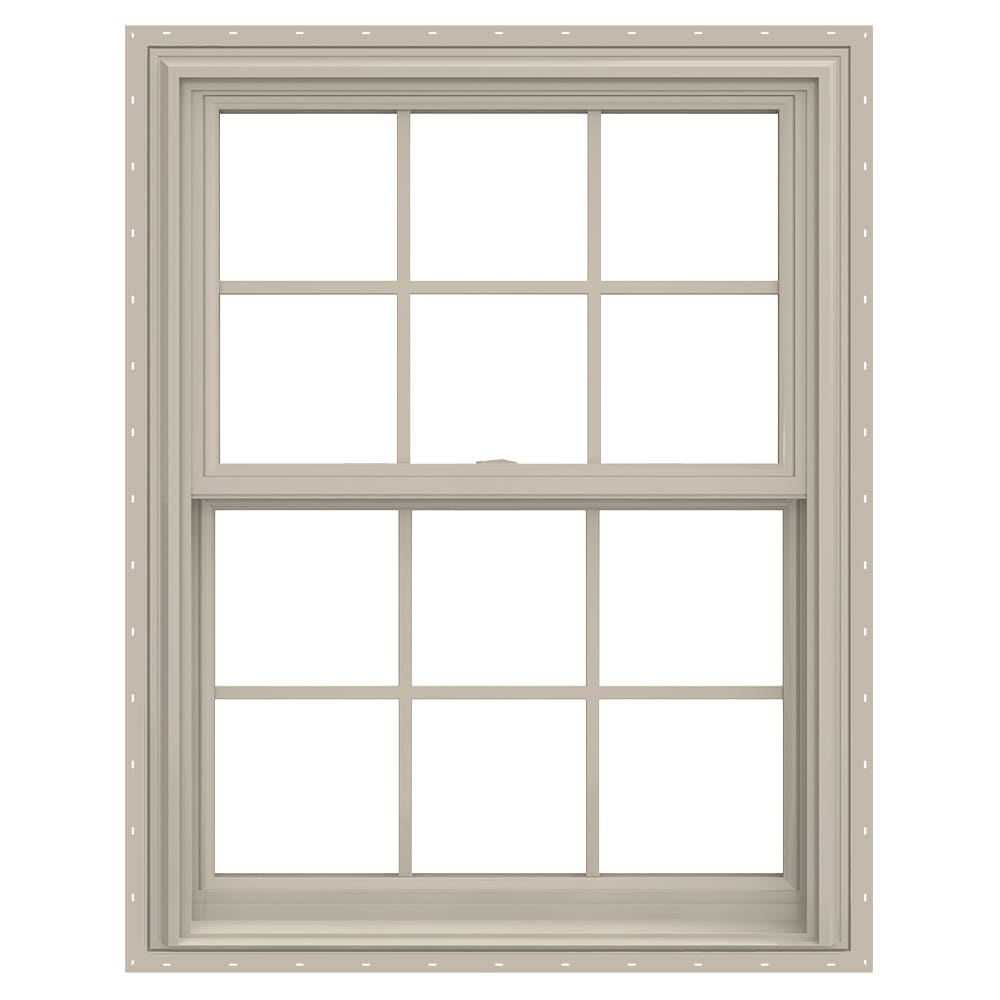 JELD-WEN LOWOLJW179200137 V-2500 29-1/2-in x 40-1/2-in Desert Sand Desert Sand Vinyl New construction Double Hung Window Low-E argon Double Pane Glass with Grids (Full Screen Included)