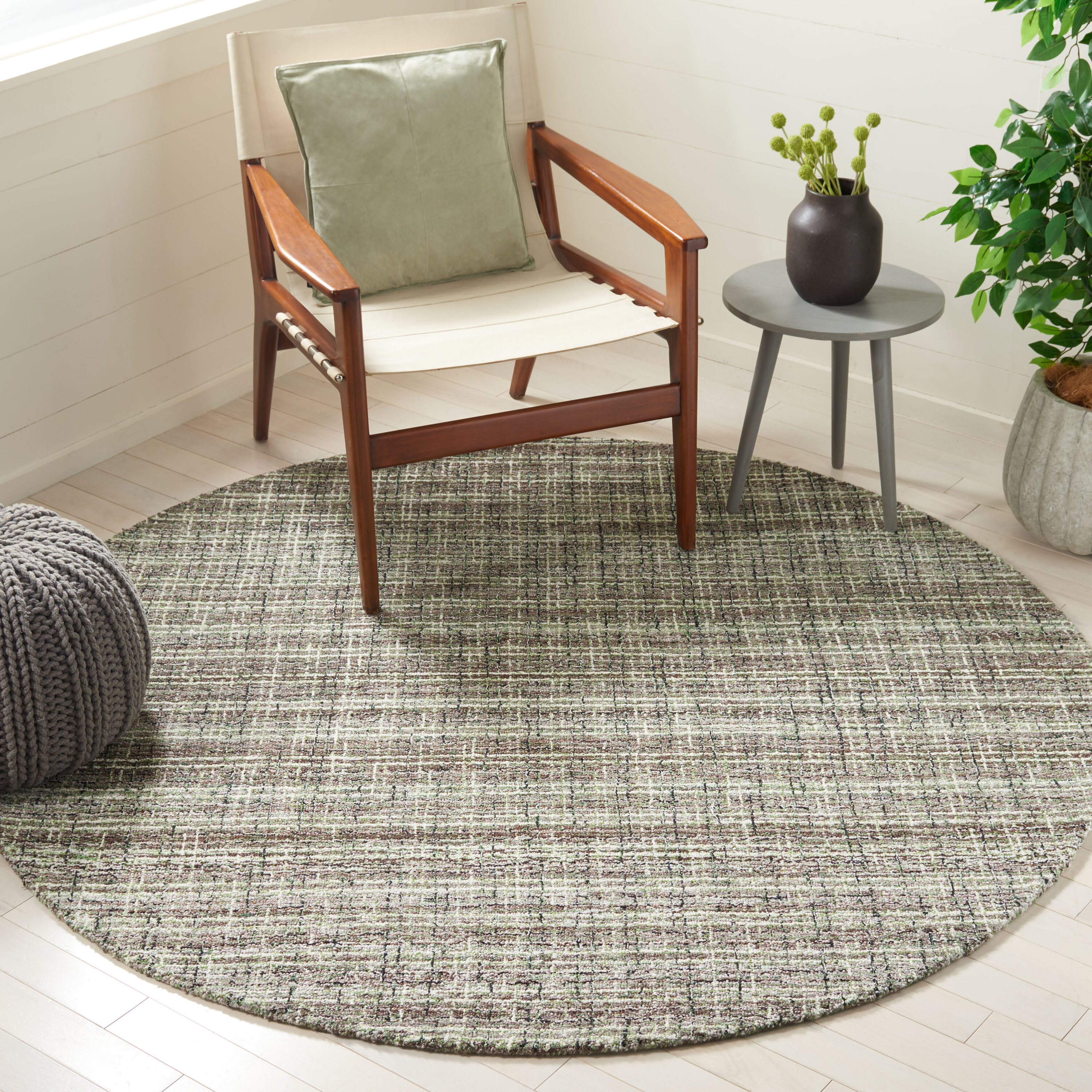  Abstract 488 Brown/Green Contemporary 6ft x 6ft Round Rug
