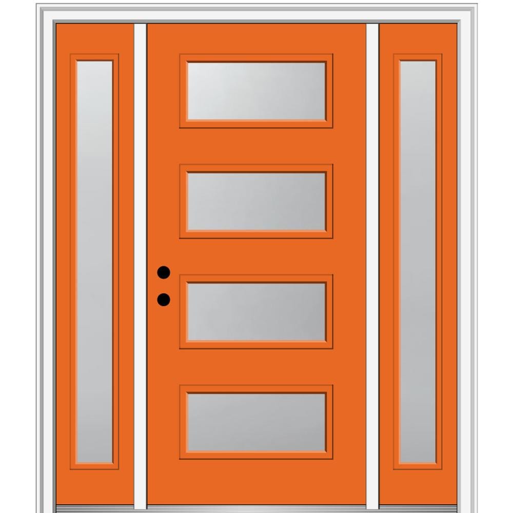 MMI DOOR ZZ346939R Spotlights 64-in x 80-in x 4-9/16-in Fiberglass Pulse lite Right-hand inswing Tangerine Painted Prehung Front Door with Sidelights with Brickmould Insulating core
