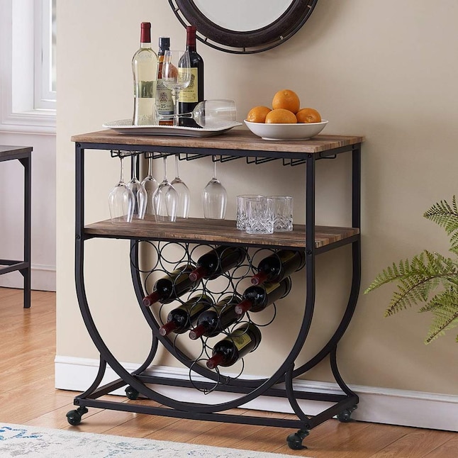 Kinwell Bar Cart On Wheels For Home Wine Rack With Glass Holder Vintage Brown At Lowes Com