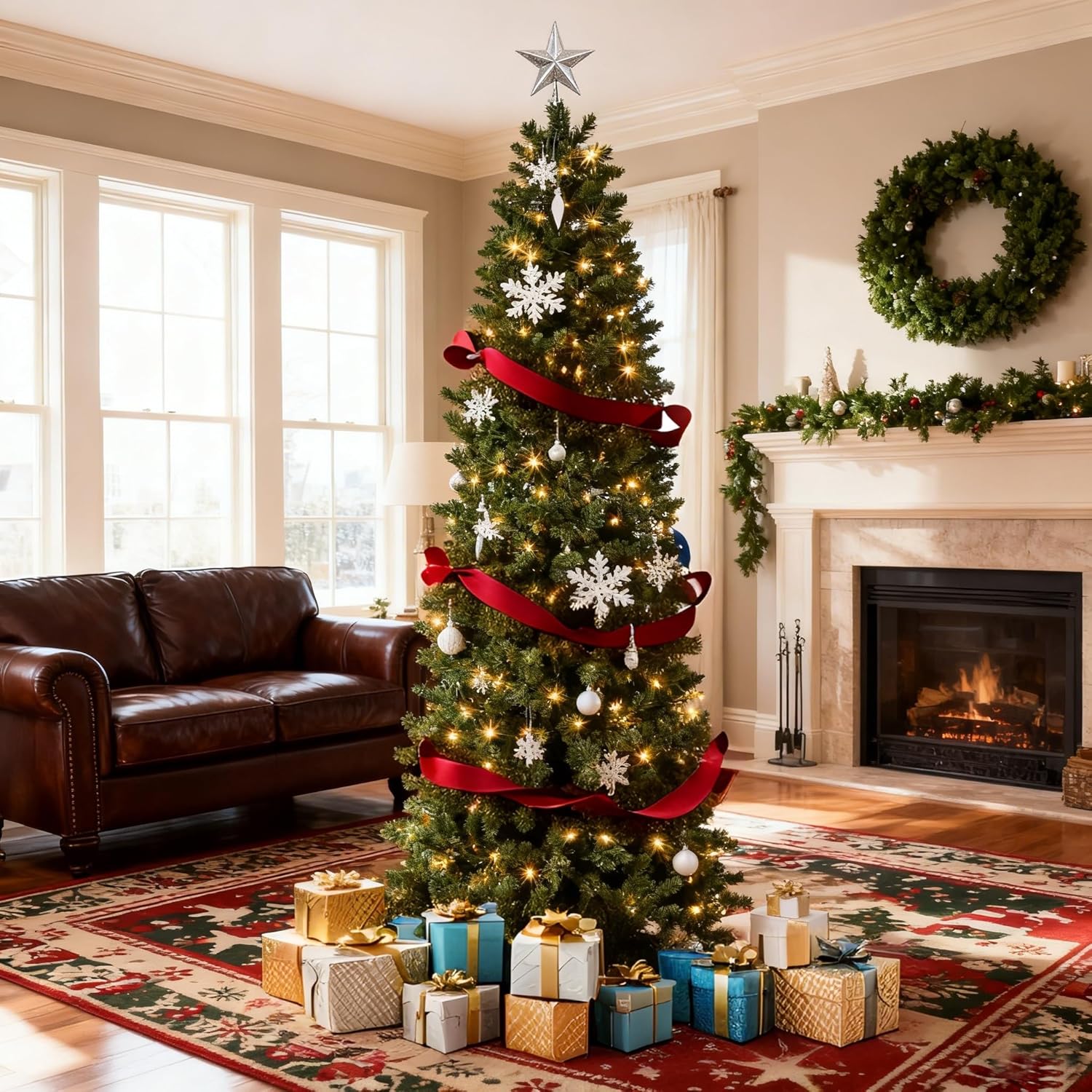 IdealHouse 7ft6in PreLit Slim Synthetic Christmas Tree Hinged Xmas Tree and Hinged Structure and Metal Stand ideal for Home Shops and Holiday Decorationation