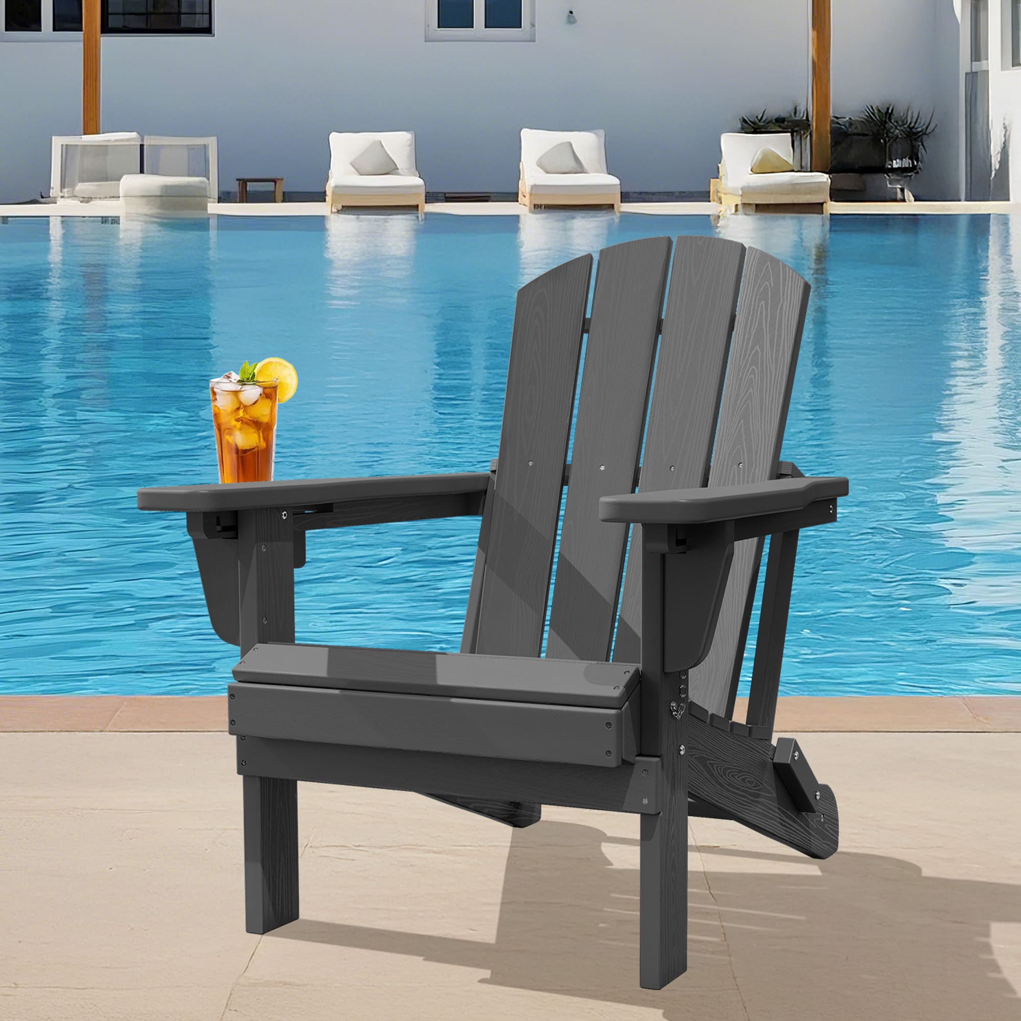 JEAREY PECGTJY-GY HDPE Patio Folding Adirondack Chair with Cup Holder Gray HDPE Frame Stationary Adirondack Chair with Slat Seat