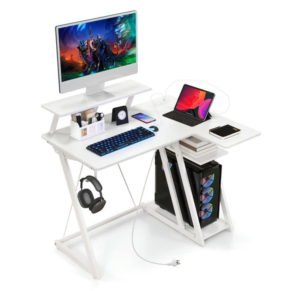 Choco Moon L Shaped Gaming Desk with Outlets and USB PortsWhite Home ...