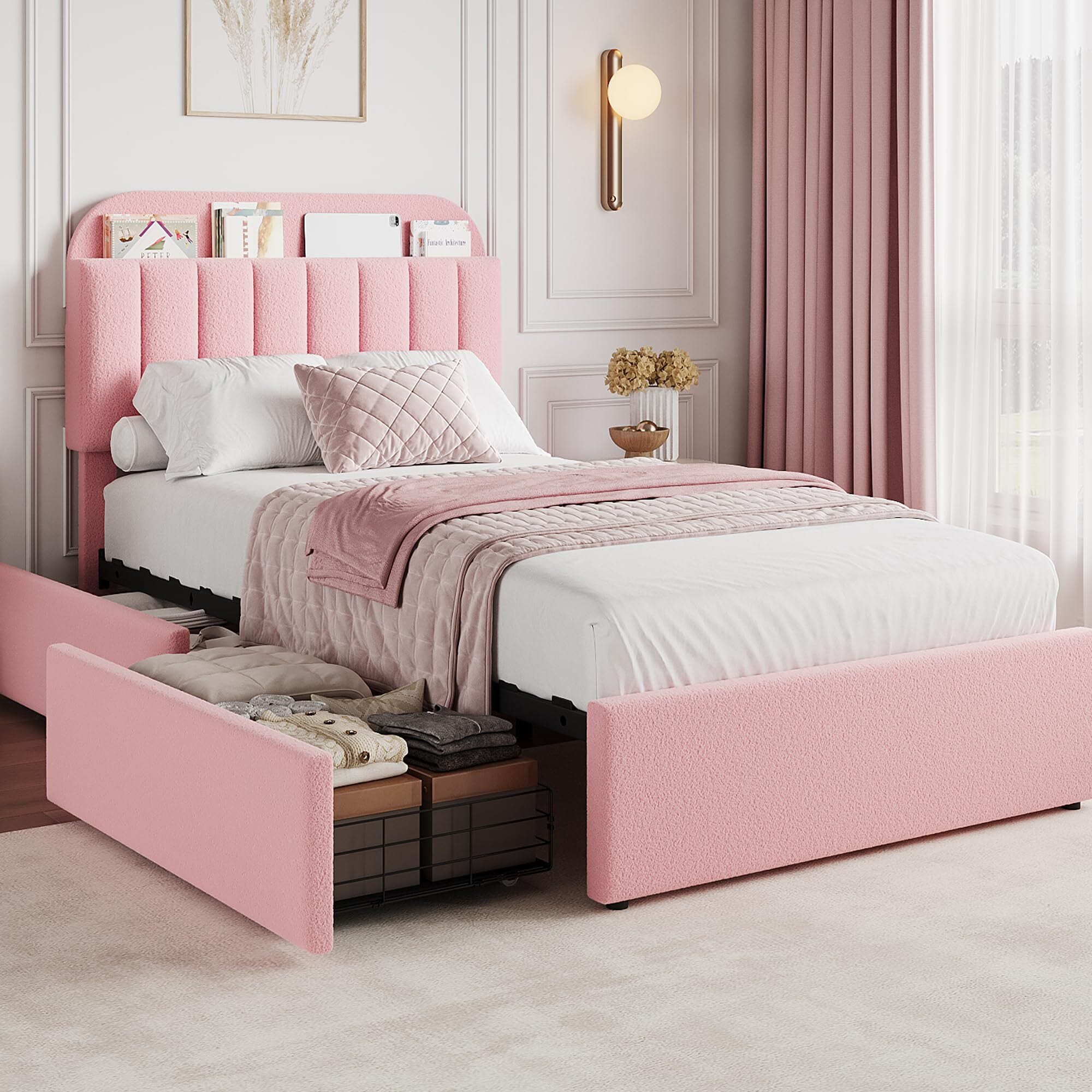 Qeetex VGX-PHO-34A3DGX5 Twin Pink Bed Frame with Storage Headboard Kids Bed Frame with 2 Drawers Boucle Upholstered Platform Bed with Bookcase No Box Spring Needed Easy Assembly