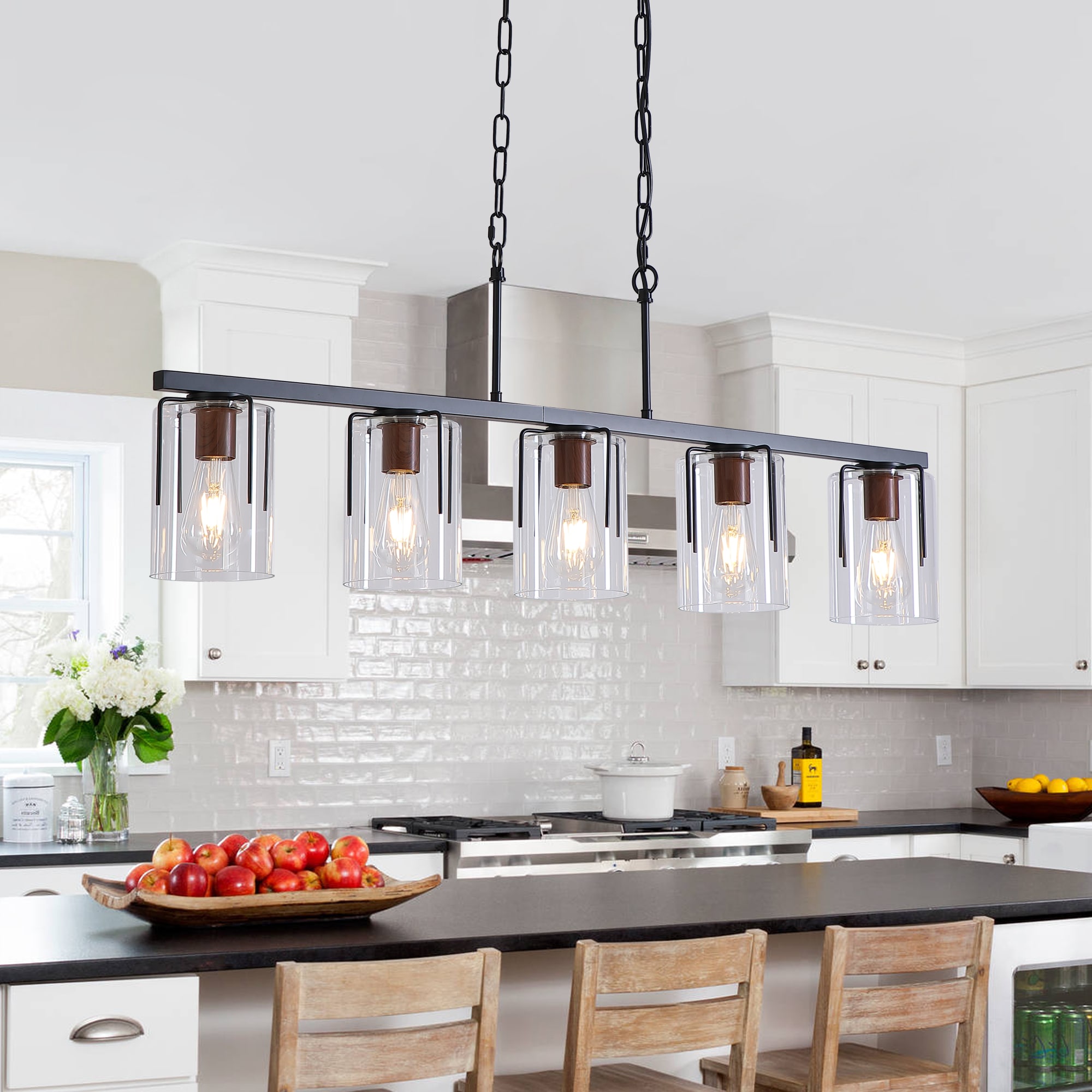 Sevenine Reminox 5-Light Black Modern Clear Glass Shade Hardwired Linear Large Hanging Pendant Lighting for Kitchen Dining Room No Bulbs Included