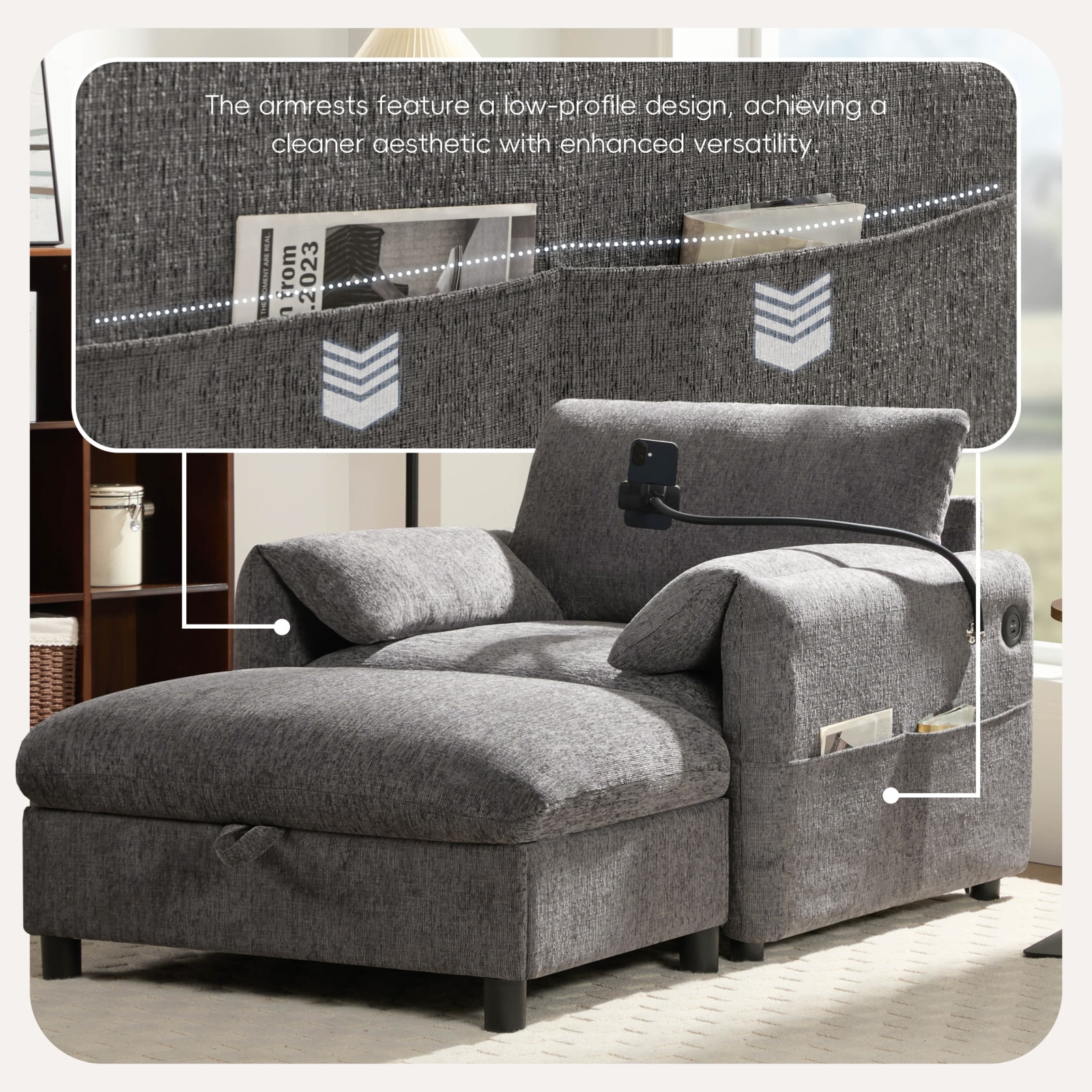 CHITA 37-in Modern Chaise Lounge with Storage Ottoman and USB and Type ...