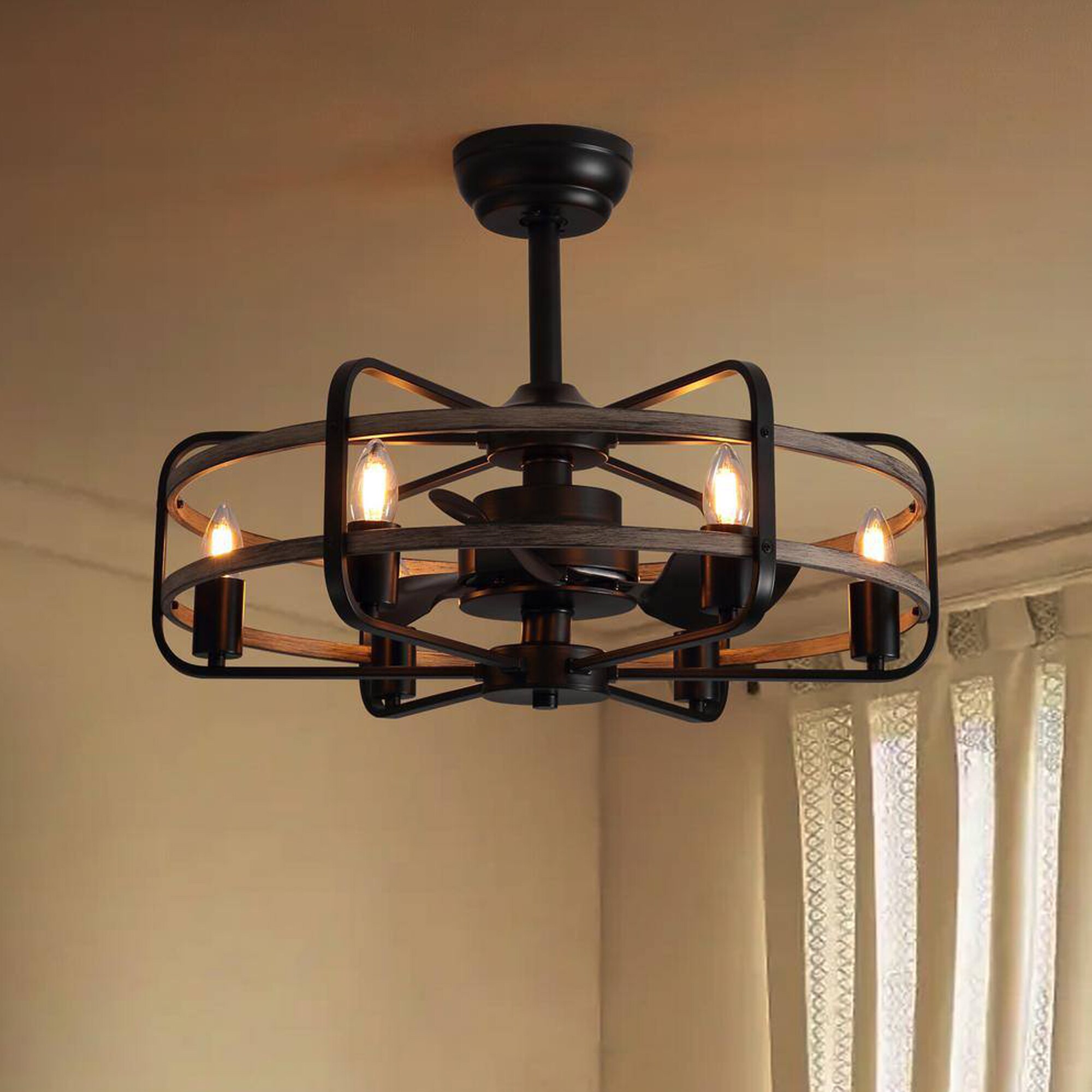 Antoine LSFD-30 Modern Candle 17-in Color-Changing Wood Grain with Black Blades Fandelier Ceiling Fan With Light - Remote Included ( 4 -Blade )