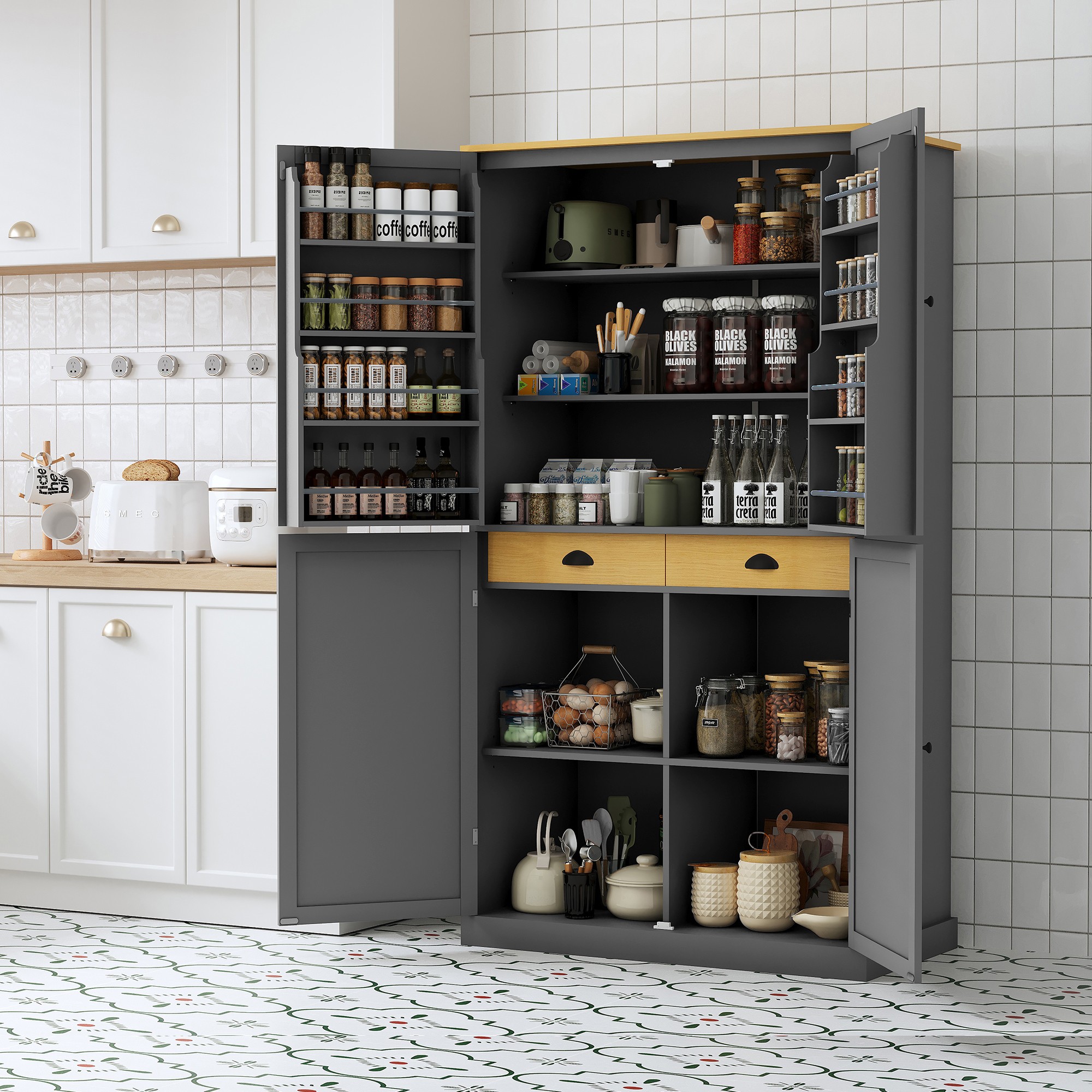 Dimakai High Freestanding Kitchen Pantry Cabinet with 2 Drawers 2 Adjustable Shelves 8 Door Shelves Gray