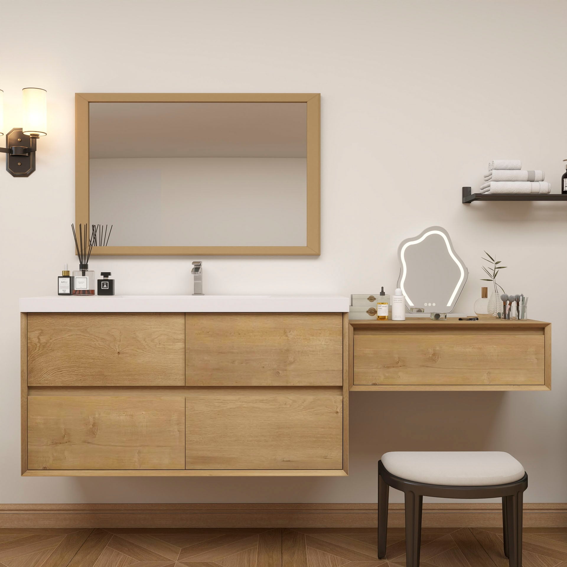 BV Better Vanity SLIM48+30-OAK Kingdee 78-in Teak Oak Single Sink Floating Bathroom Vanity with White Acrylic Top