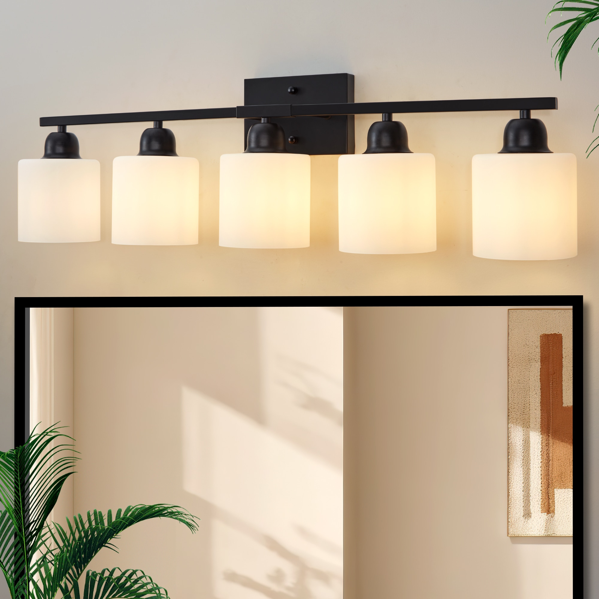 DAKAFUL 31.5-in 5-Light Black Modern Bathroom Vanity Light Fixture Over Mirror with White Glass Shades for Mirror Kitchen Living Room Hallway Cabinet Porch
