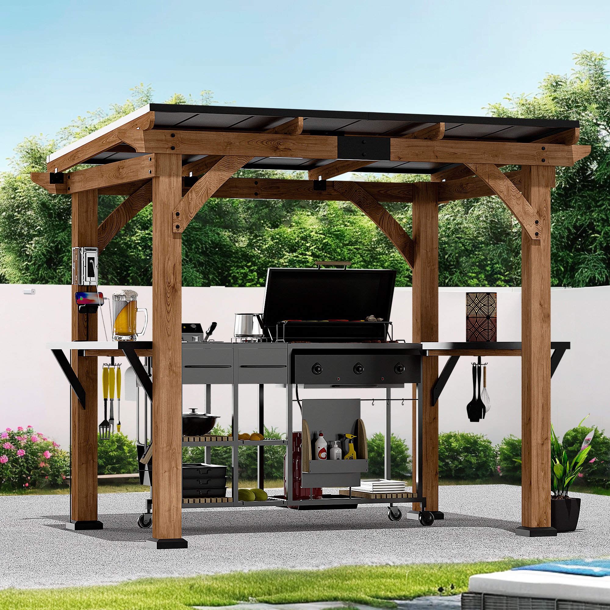 ELEVATE OUTDOORS IG10600122 8-ft x 6-ft Brown Rectangle Semi-permanent Grill Gazebo with Hardtop Steel Roof