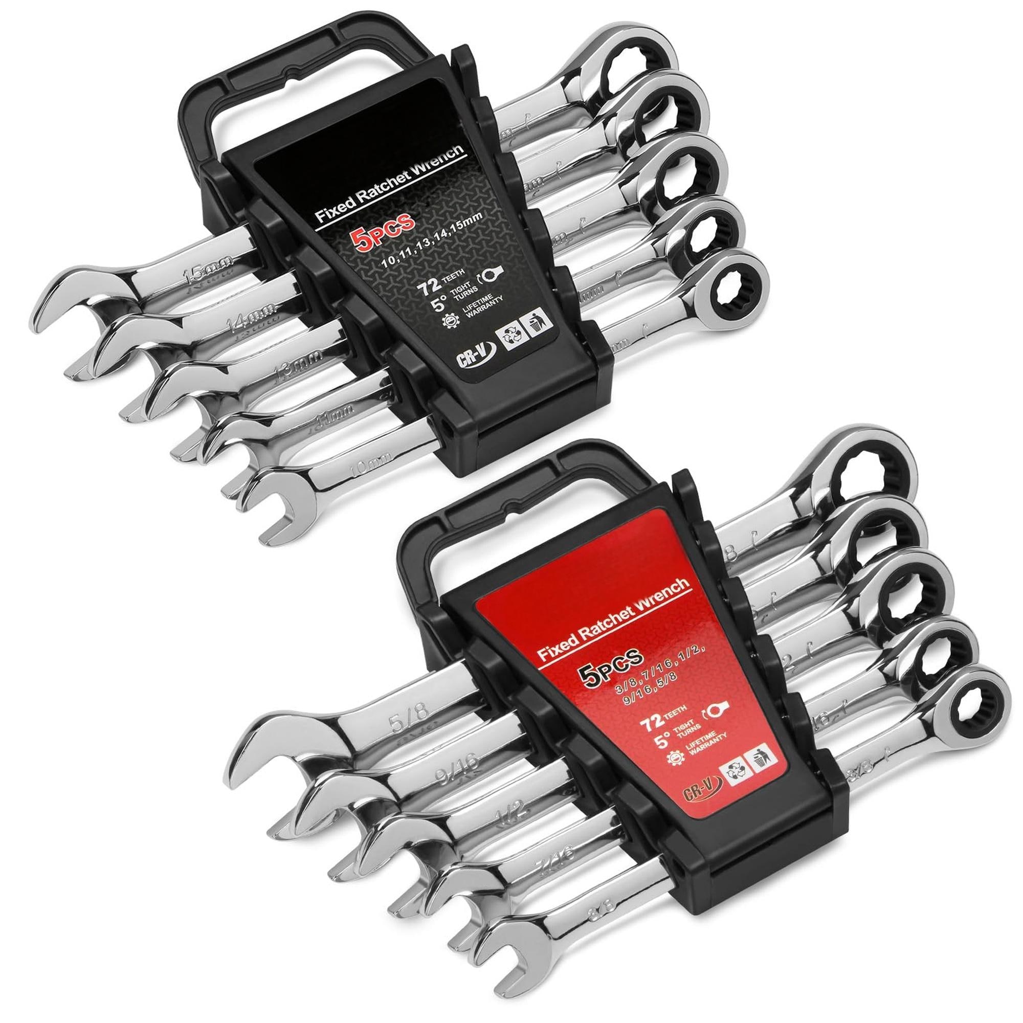 Wudkey 10Pcs SAE and Metric 12-Point 72-Tooth Chrome Vanadium Steel Wrench Set with Rack Organizer