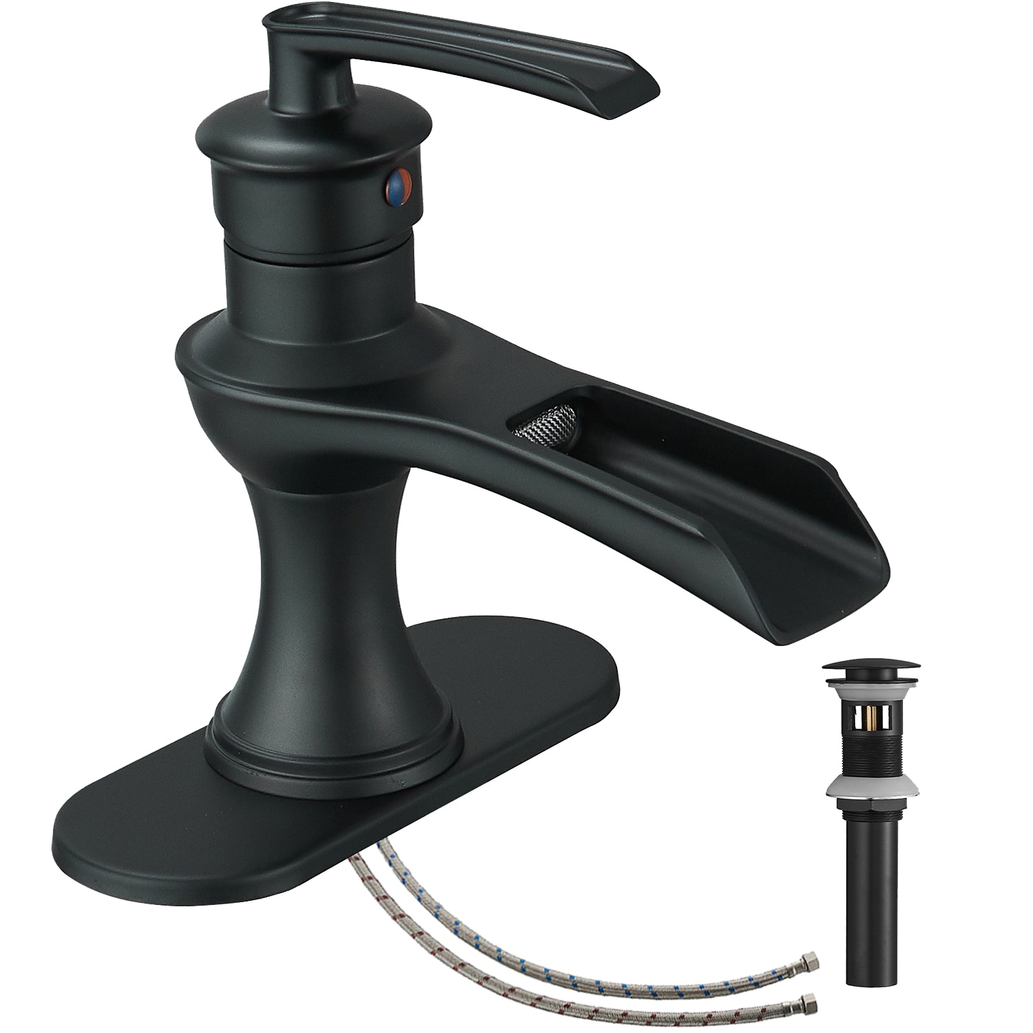 BWE A-96571 Single Hole bathroom faucet Matte Black Single Hole 1-Handle Waterfall Bathroom Sink Faucet with Drain and Deck Plate
