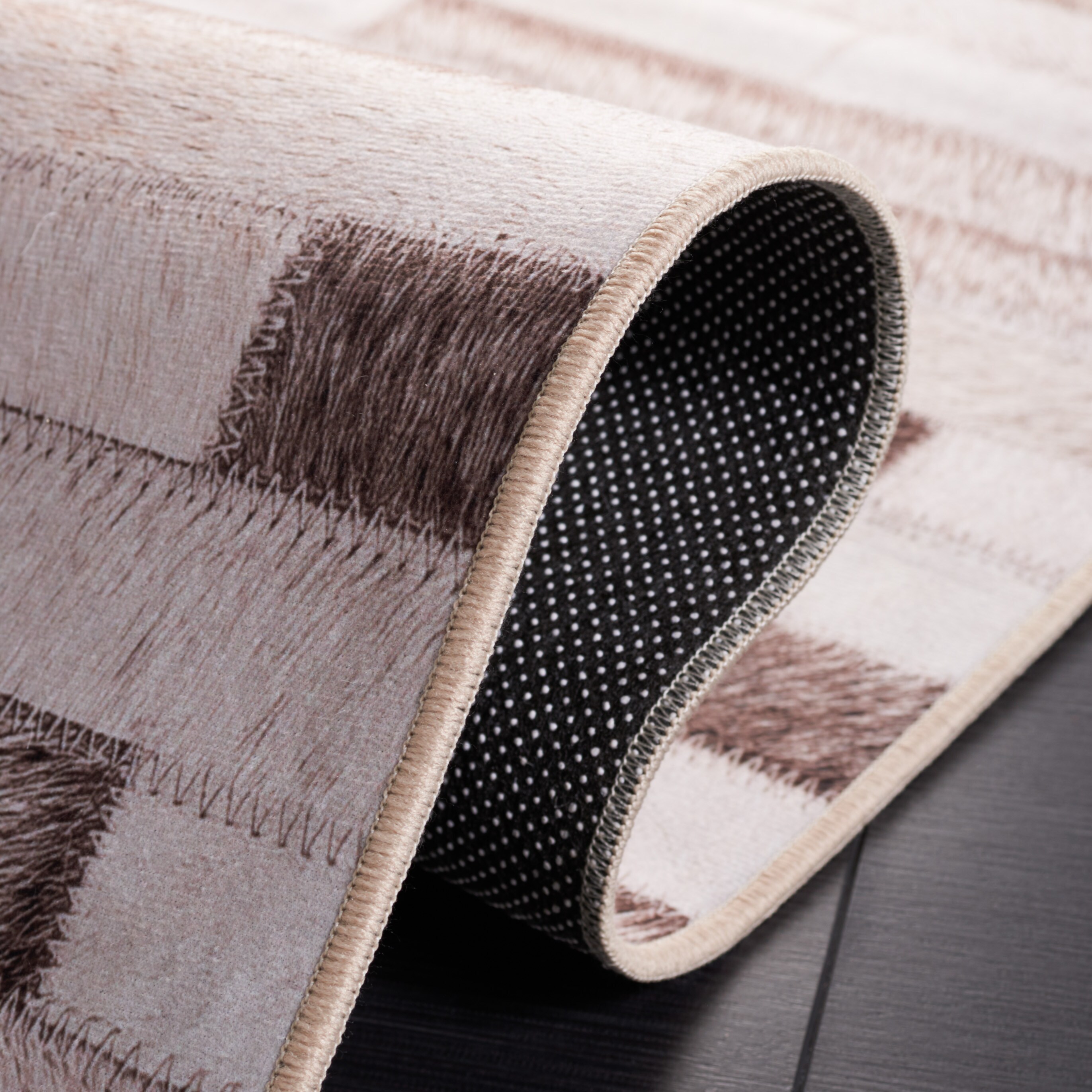 Beige and Brown Faux Fur Rectangular Washable Rug