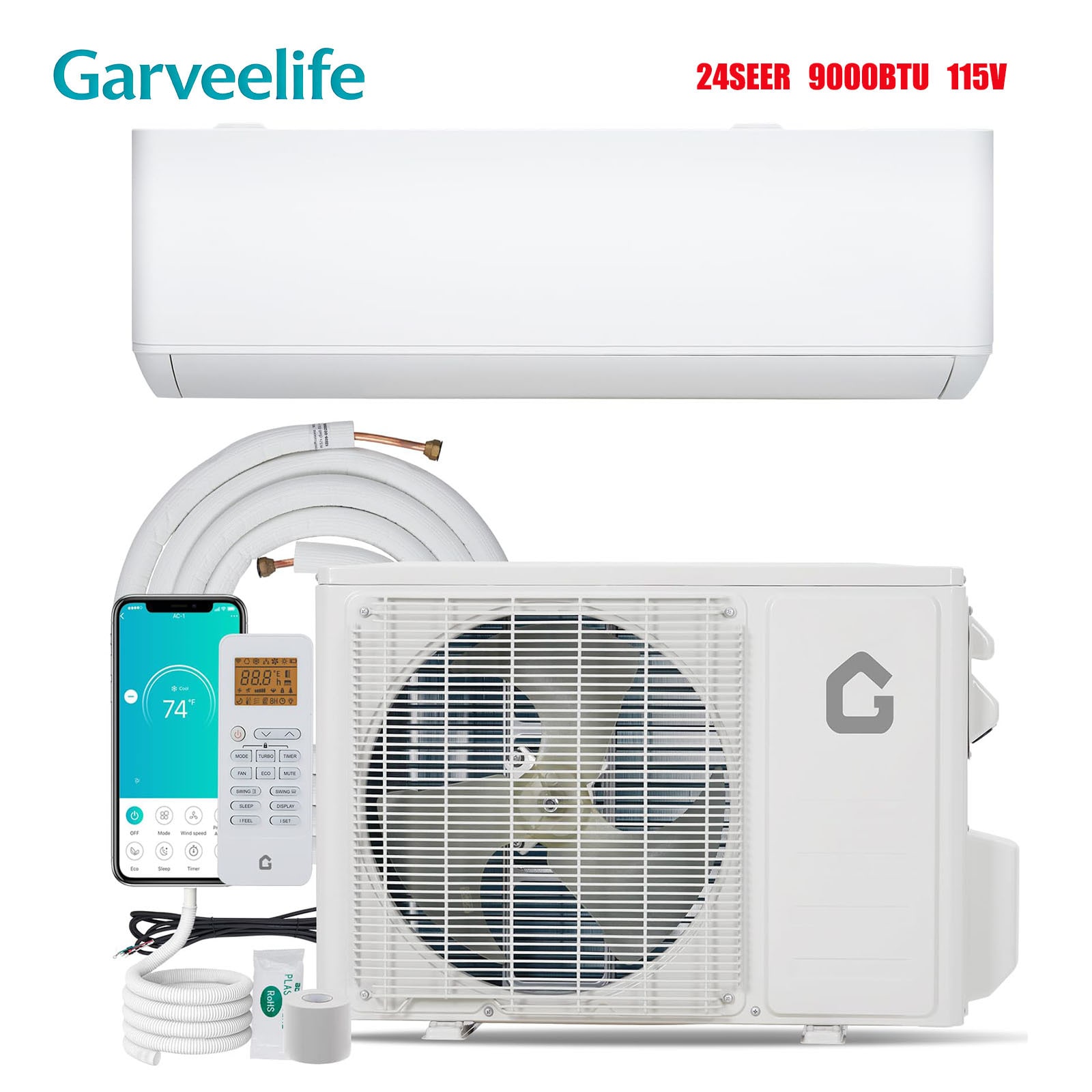 GarveeLife 9000 BTU Mini Split Air Conditioner Heat Pump System 24 SEER2 High-Efficiency Ductless AC with WiFi and Alexa Cools and Heats Rooms up to 450 SqFt 115V Easy Installation Kit