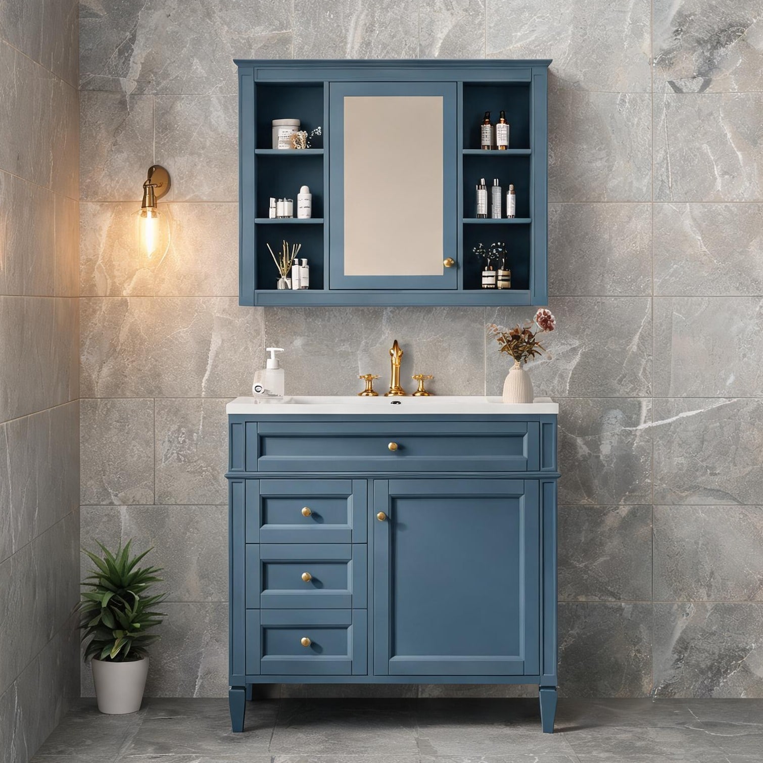 Naturefalls - 36-Inch Indigo Blue Single Sink Bathroom Vanity with Top and Medicine Cabinet Moder...