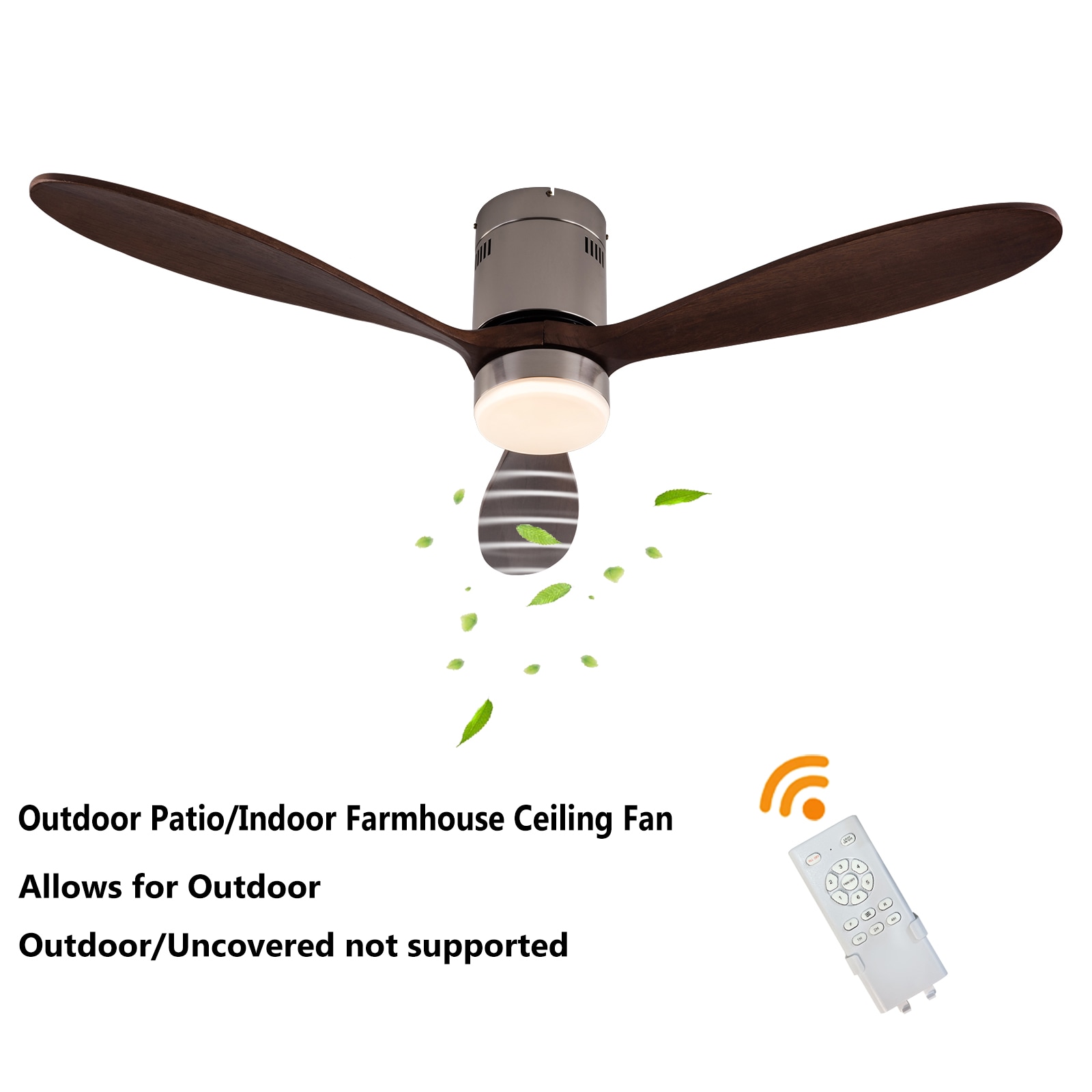 Oukaning JZUCODP4NSHCX Timing 52-in Color-Changing Flush Mount 6-speed Silver and Brown Wood Reversible with wood Blades Ceiling Fan With Light and Remote ( 3 -Blade )