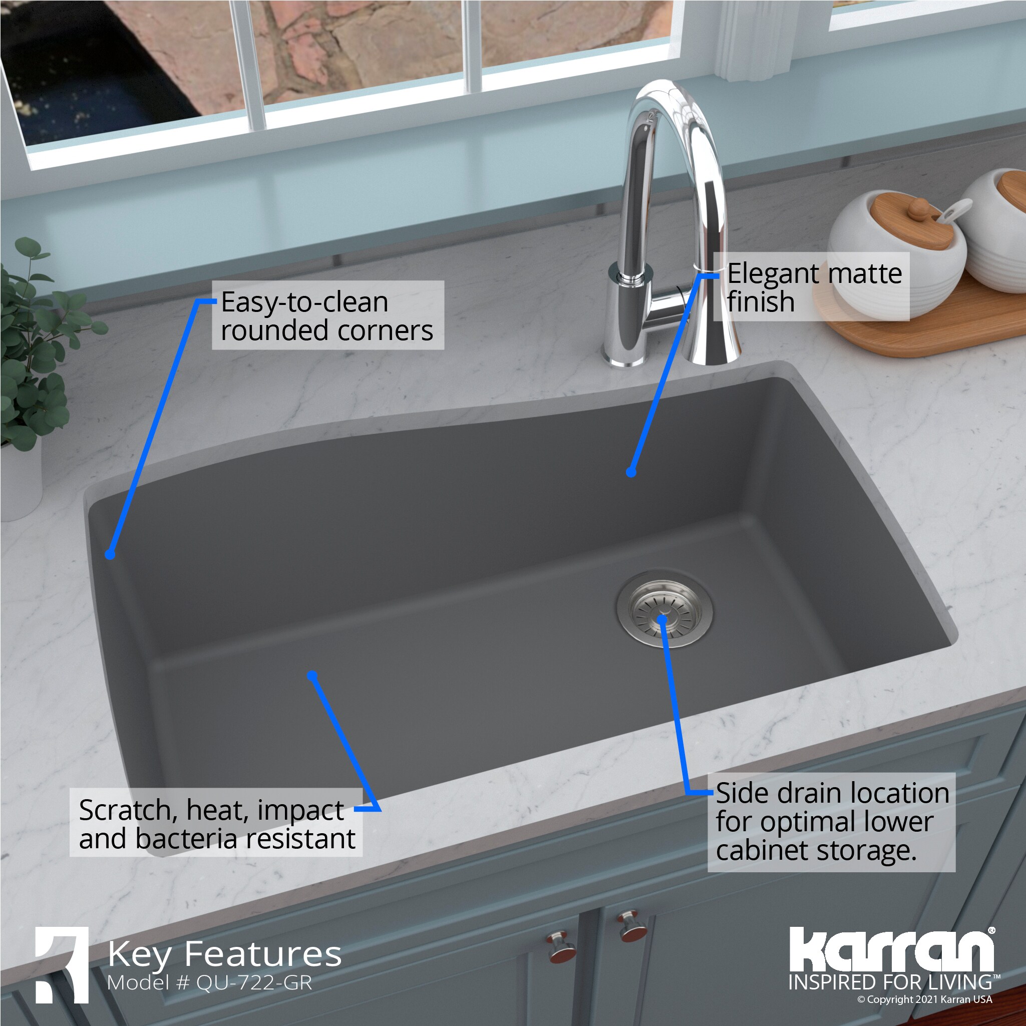 Gray Quartz Composite Single Bowl Undermount Kitchen Sink