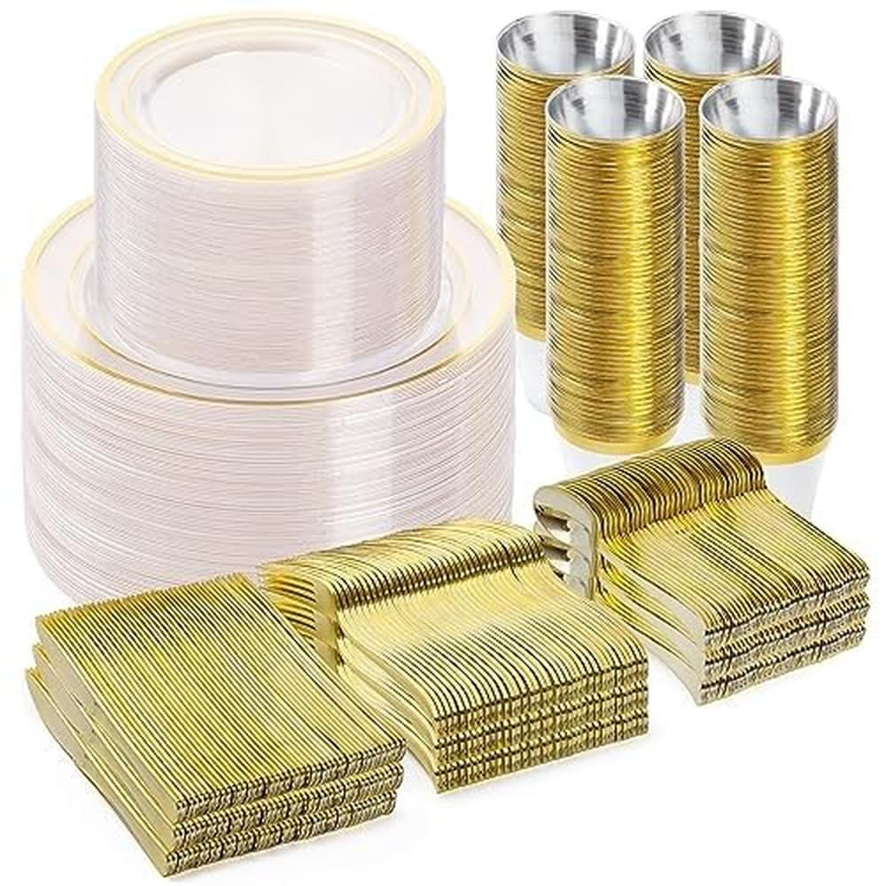 Phewnyzo  600pcs Clear Gold Dinnerware Set for 100 Guests Plastic Plates Cups Spoons Forks Knives Disposable Party Tableware Heavy Duty BPA Free