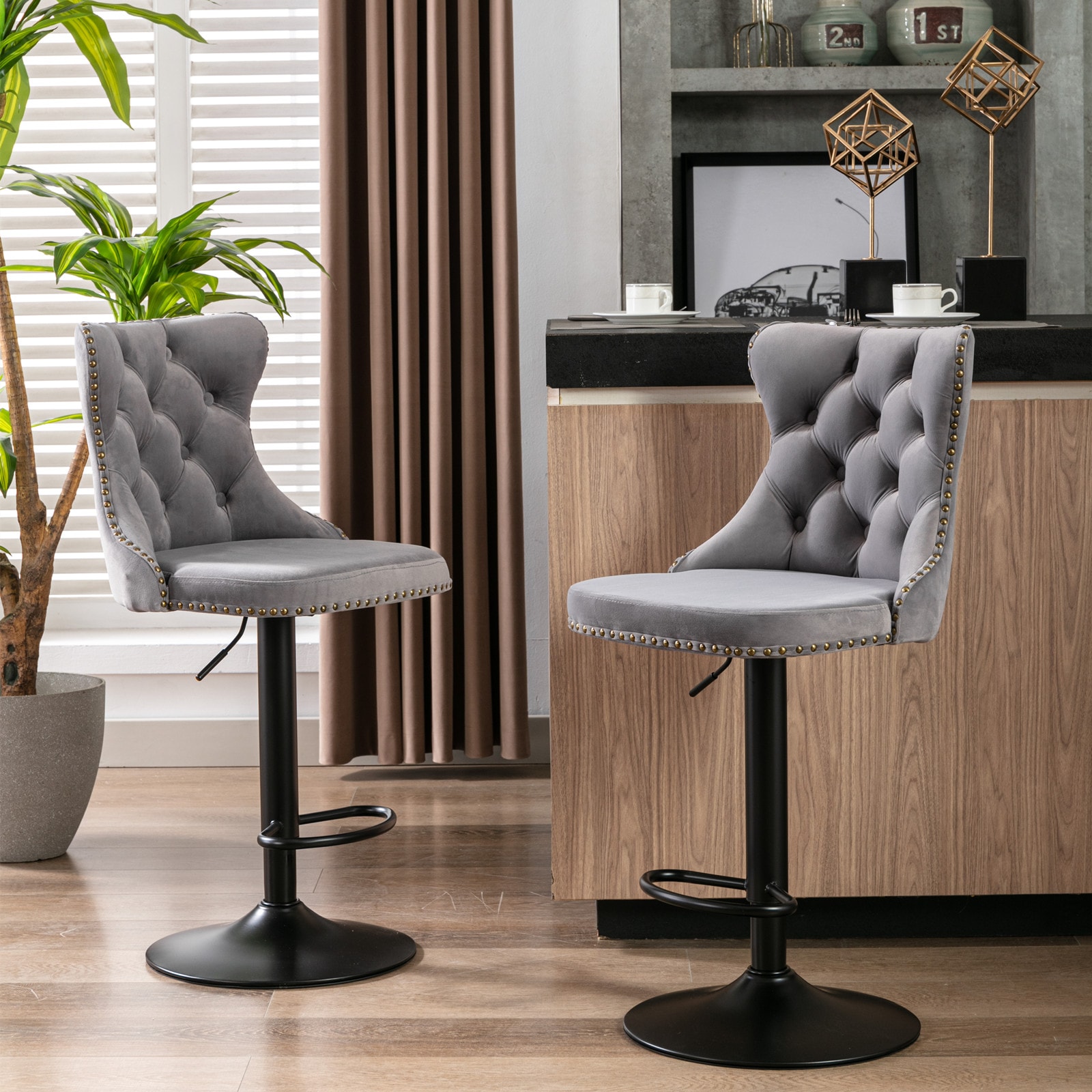 GDFStudio - Set of 2 Pinehurst Swivel Velvet Barstools Adjustable Seat Height from 25-33 Inch 17....